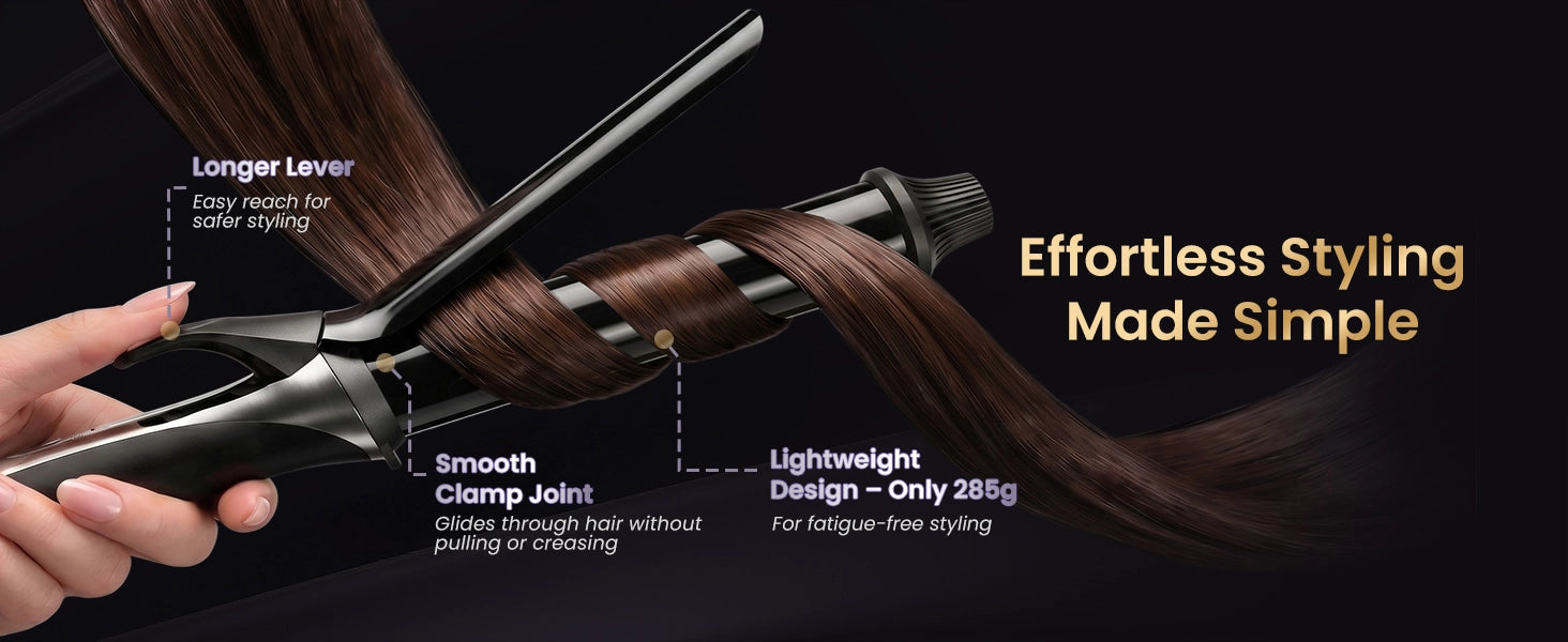 GLAMUP SmoothWave lightweight curling iron weighing only 285g with a longer clip and smooth clamp joint, perfect for a fatigue-free and effortless styling experience without hair pulling.