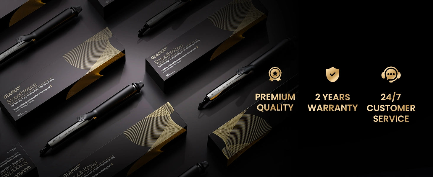 GLAMUP SmoothWave curling irons displayed alongside premium luxury black and gold packaging boxes, featuring trust badges for premium quality, a 2 years warranty, and 24/7 customer service to ensure a reliable and luxury shopping experience.