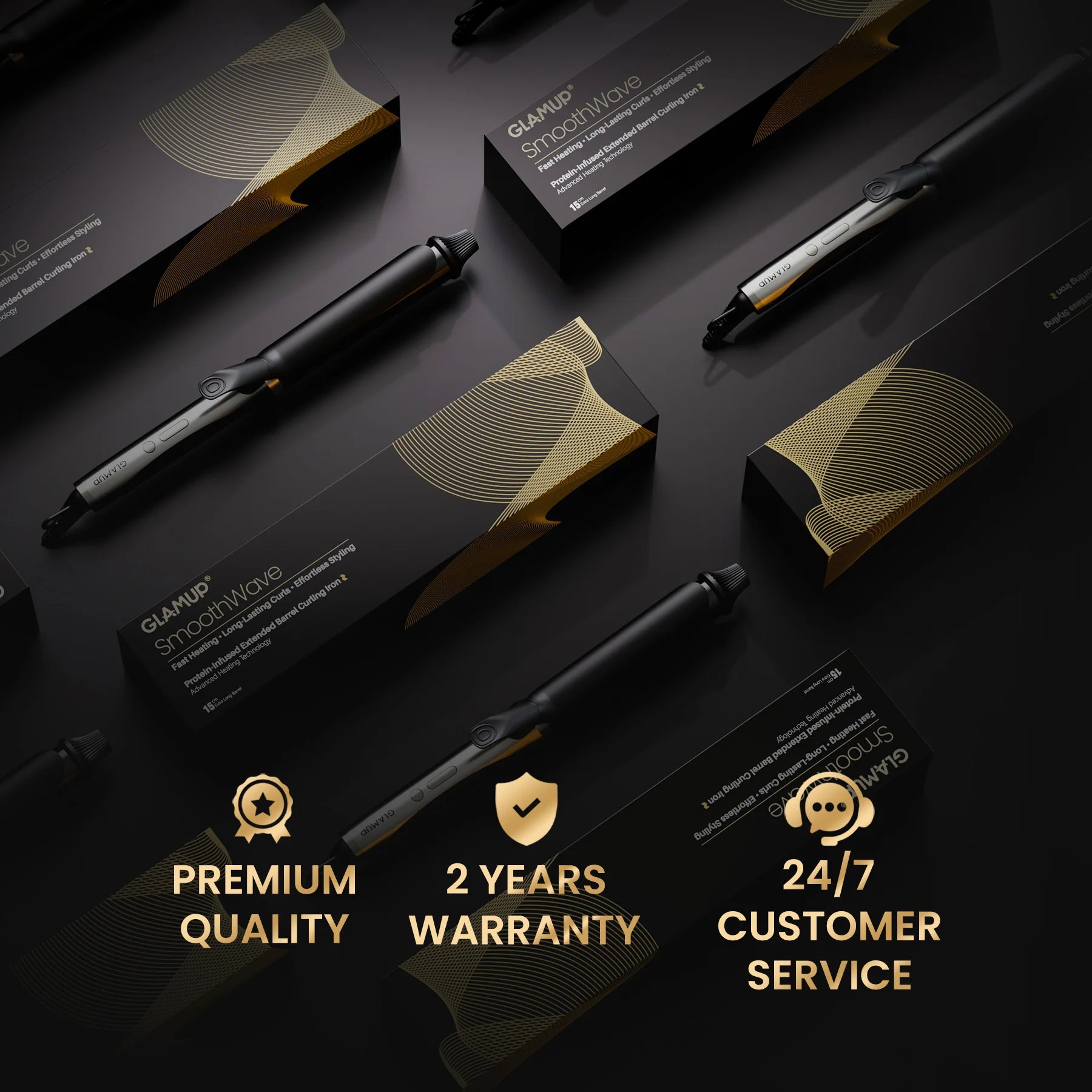GLAMUP SmoothWave™ curling iron gift boxes showing premium quality and a 2-year warranty