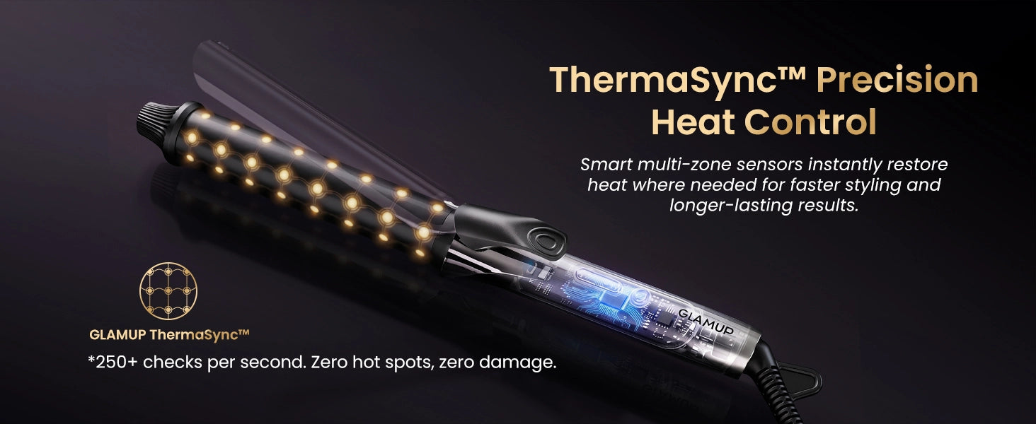 GLAMUP SmoothWave curling iron showcasing ThermaSync precision heat control with intelligent multi-zone sensors, performing 250 plus checks per second to ensure zero hot spots and zero heat damage.