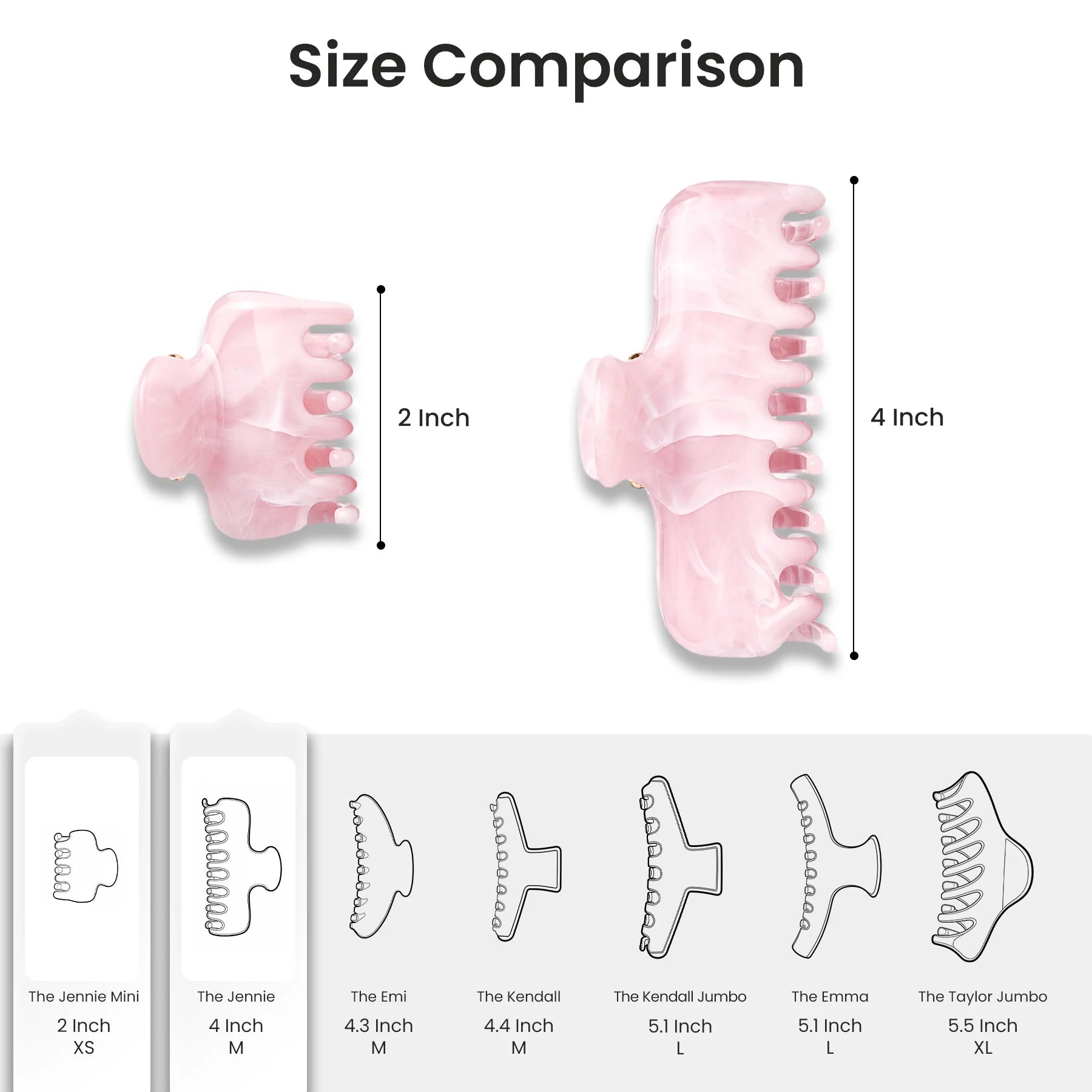 Size comparison chart for the Glamup "The Jennie" claw clips, indicating the approximate dimensions of the Medium (4-inch) and Small (2-inch) sizes.