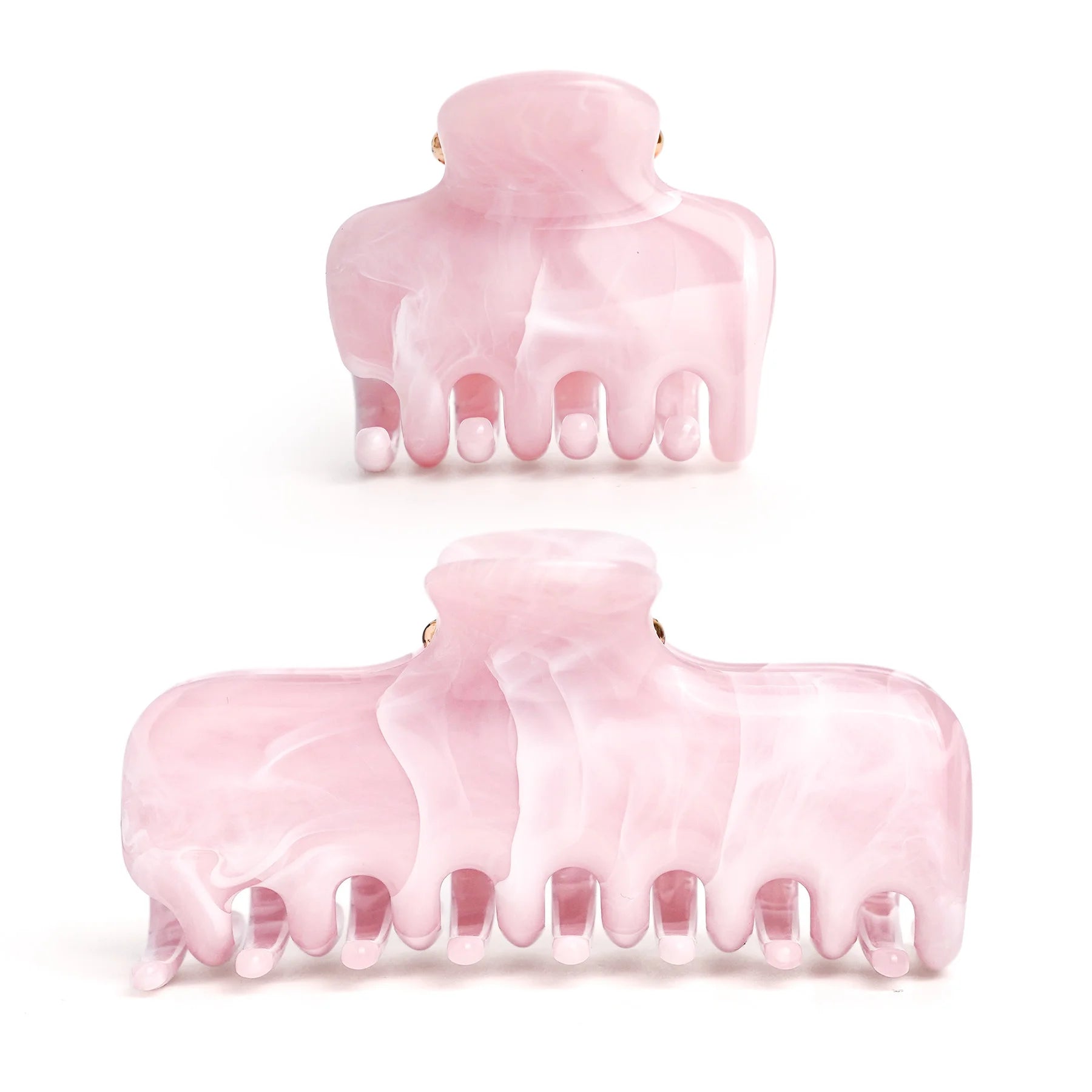 Studio display of the Glamup "The Jennie" Pink Marble Claw Clip Set, featuring one Medium (4-inch) and one Small (2-inch) clip for thick and thin hair.