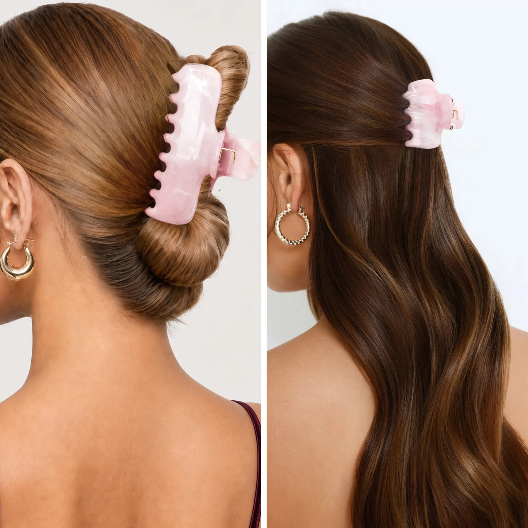 Two models showing different hairstyles using the Glamup "The Jennie" pink marble claw clip set: one full updo with the Medium clip and one half-up style with the Small clip.