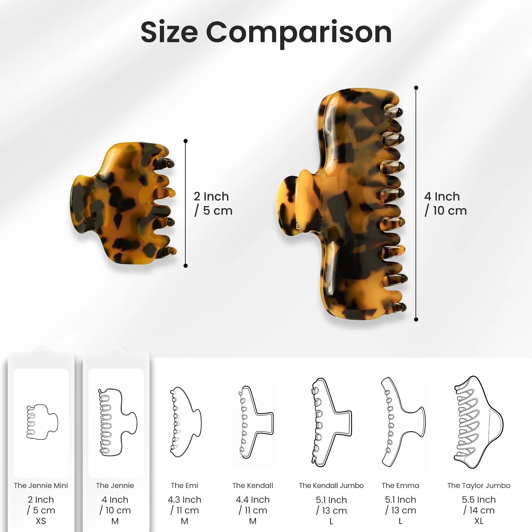 Size comparison chart detailing the dimensions of Glamup "The Jennie" claw clips, showing the M size (approx. 4 inch) and XS size (approx. 2 inch).