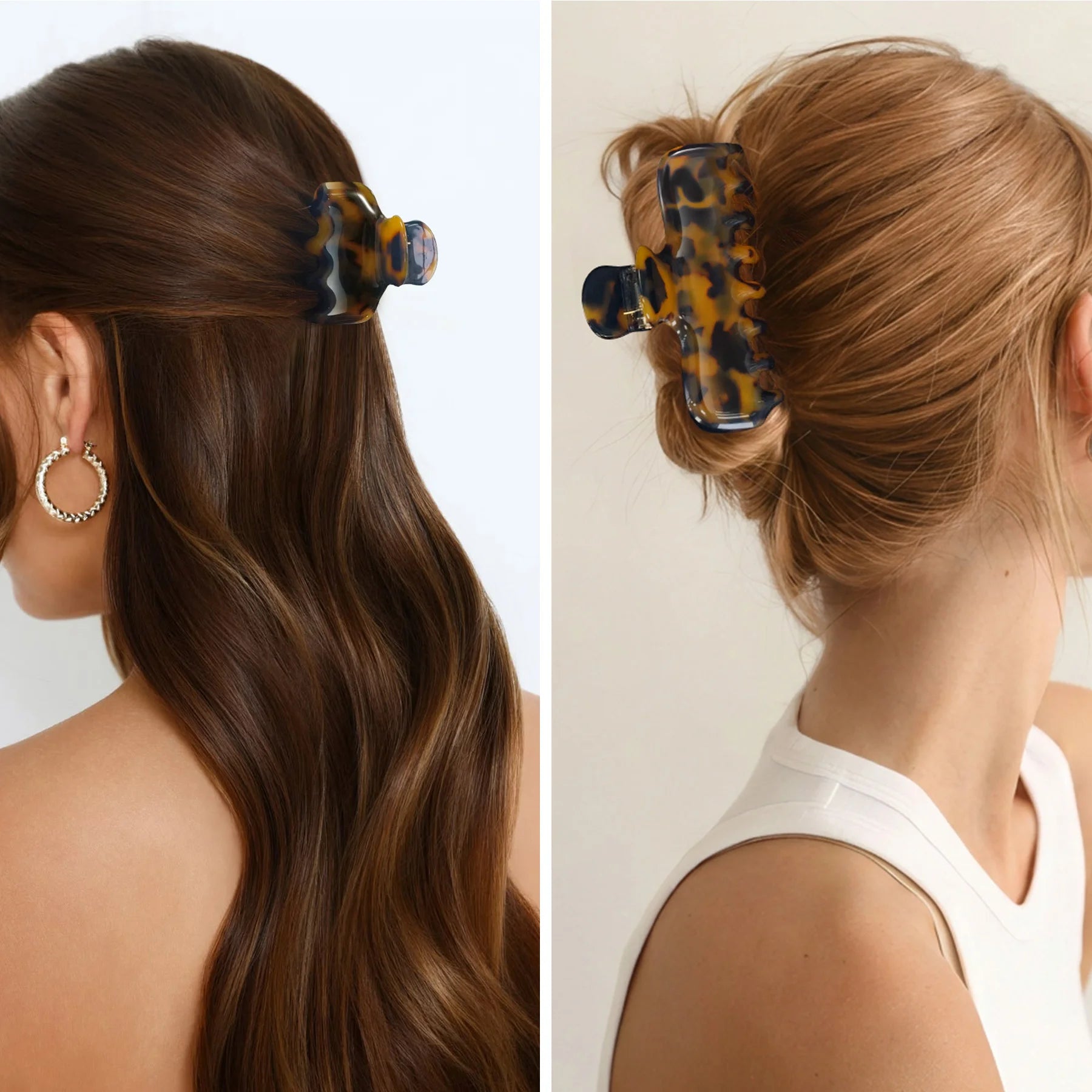 Two models showcasing different hairstyles achieved with the Glamup "The Jennie" tortoise claw clip set, demonstrating secure hold and chic updo looks.