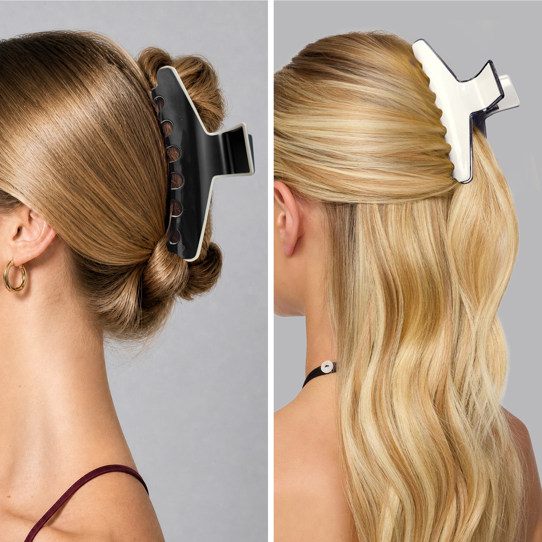 A model wearing The Kendall acetate claw clip, demonstrating a secure grip and elegant updo styling for daily wear.