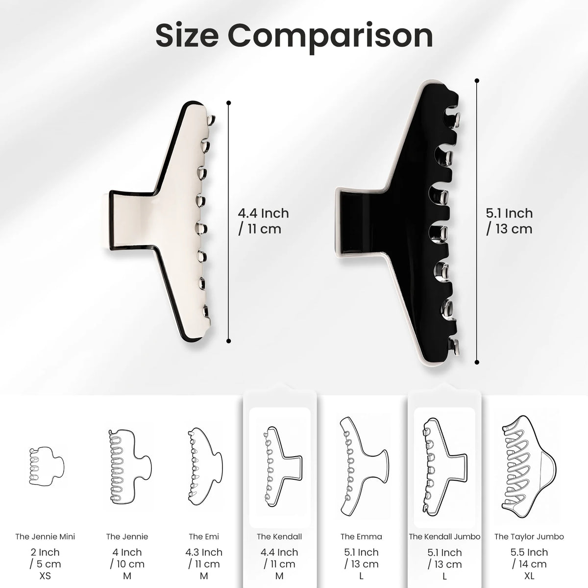 A detailed size comparison chart showing dimensions and scale options for The Kendall acetate claw clip collection