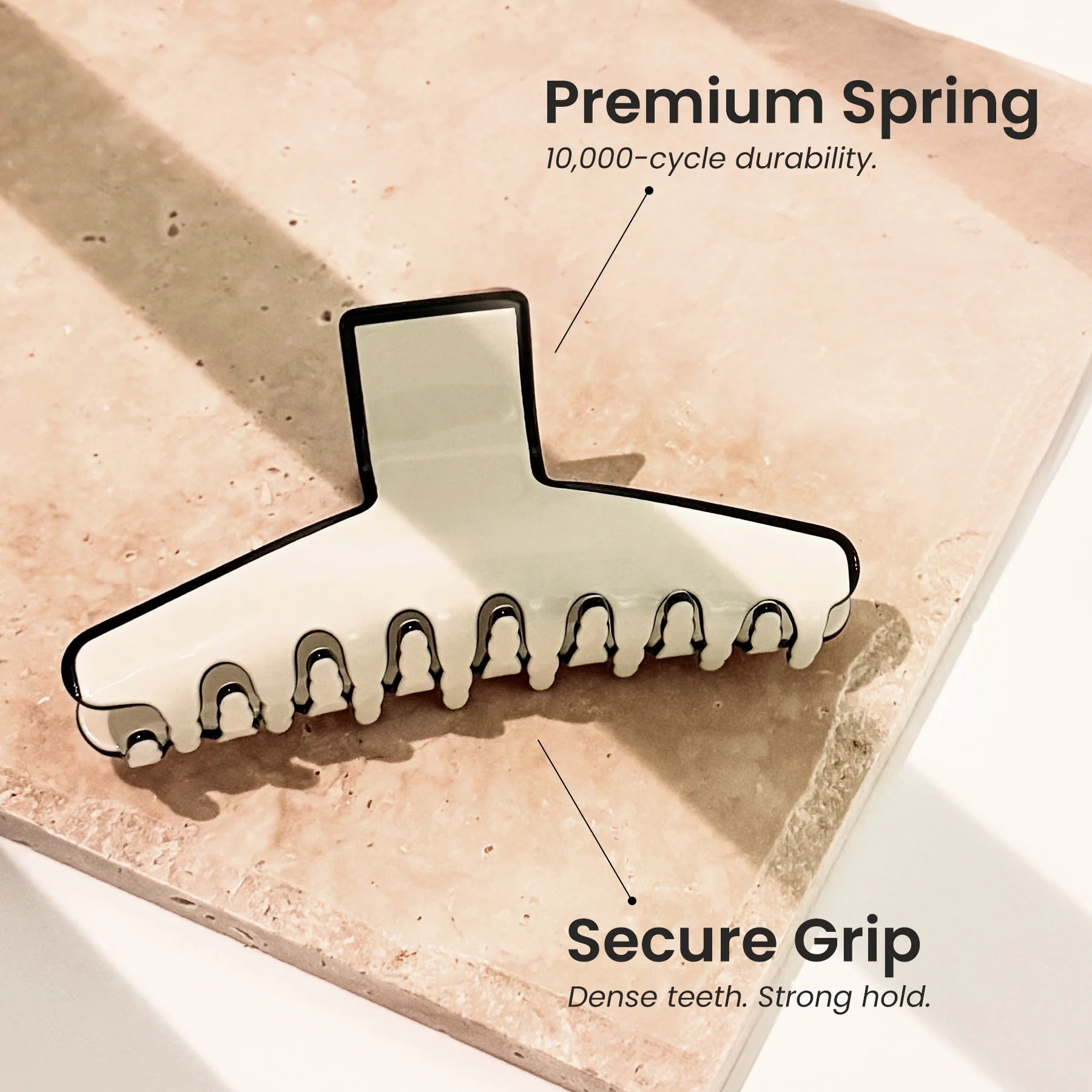 A feature infographic of The Kendall acetate claw clip detailing its durable 10,000-cycle spring and dense teeth for secure hold