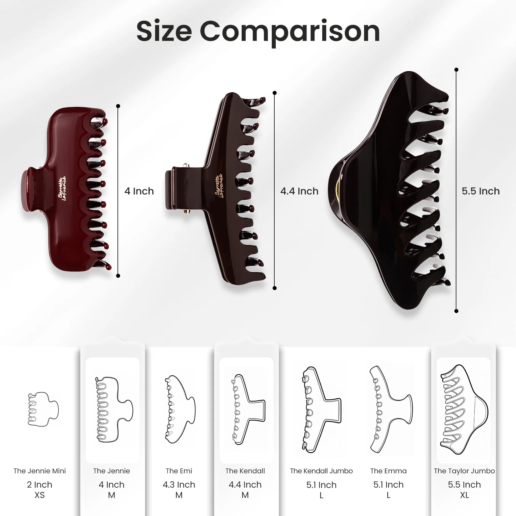 A size comparison chart detailing the dimensions and scale options for the dark Glamup The Taylor double-row teeth claw clip set.