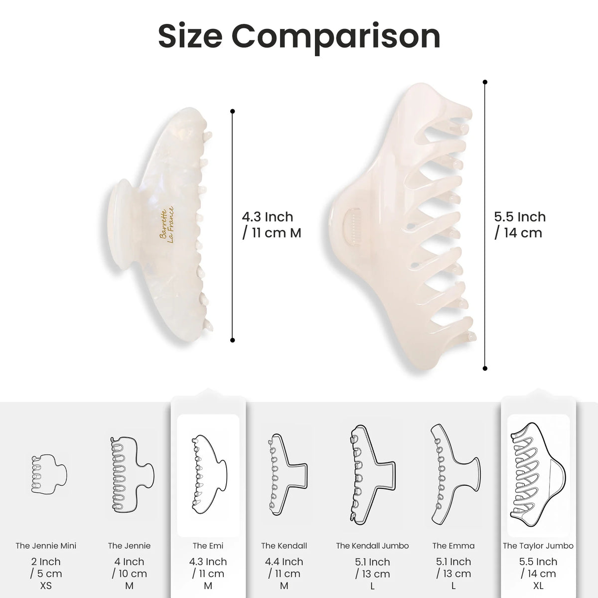 A comprehensive size comparison chart for the light-colored Glamup The Taylor double-row teeth claw clip series including the XL jumbo size.