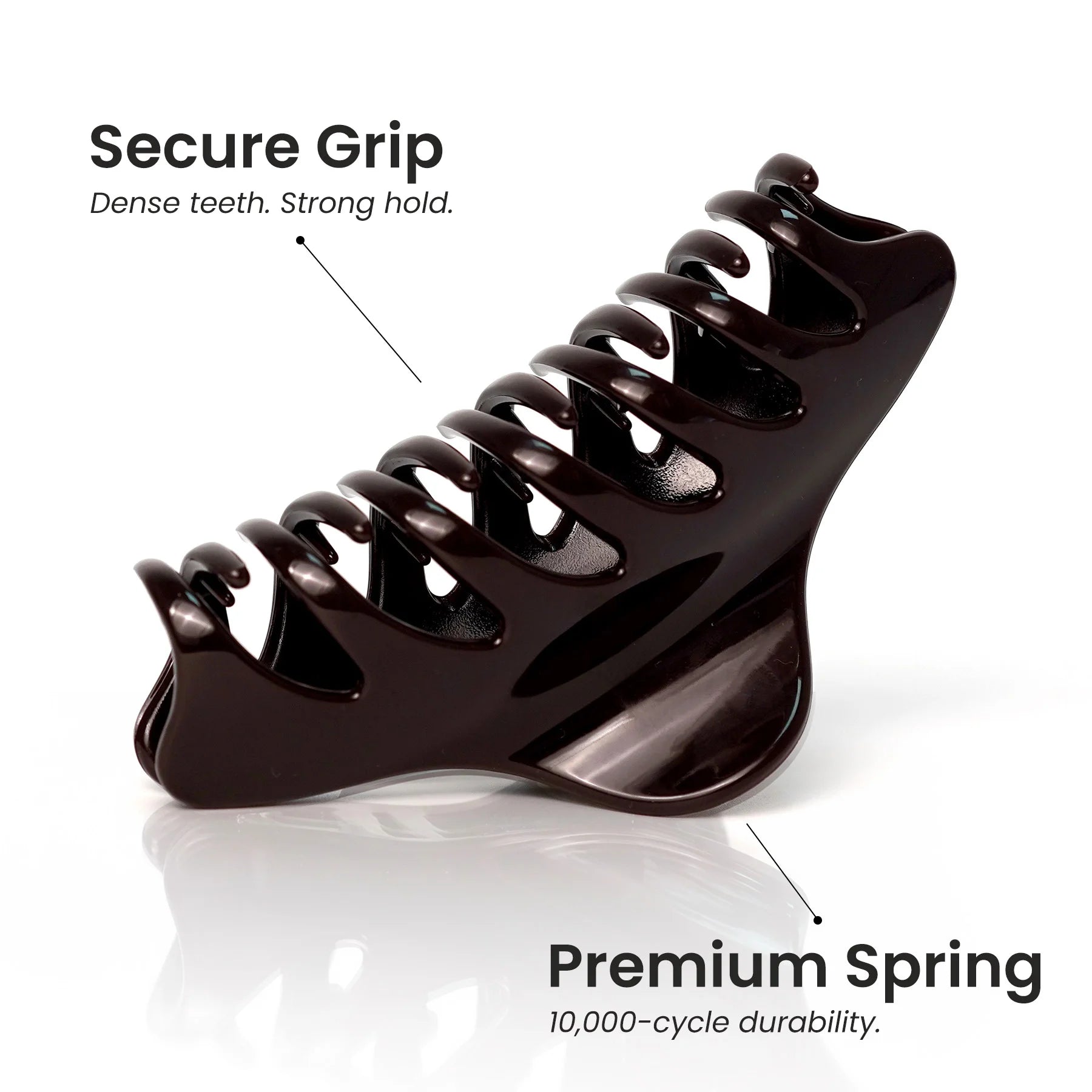 Feature close-up of a dark Glamup The Taylor claw clip highlighting its durable spring and double-row teeth for a secure grip on thick hair.