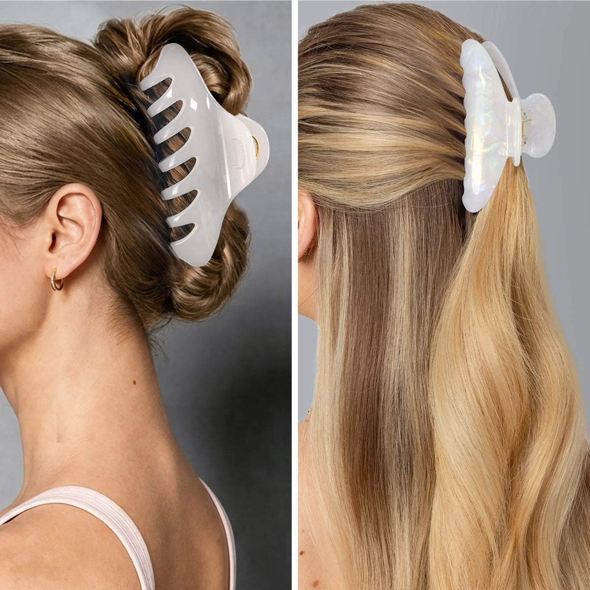 Two different sizes of the light Glamup The Taylor claw clip displayed together, engineered with double-row teeth for thick hair