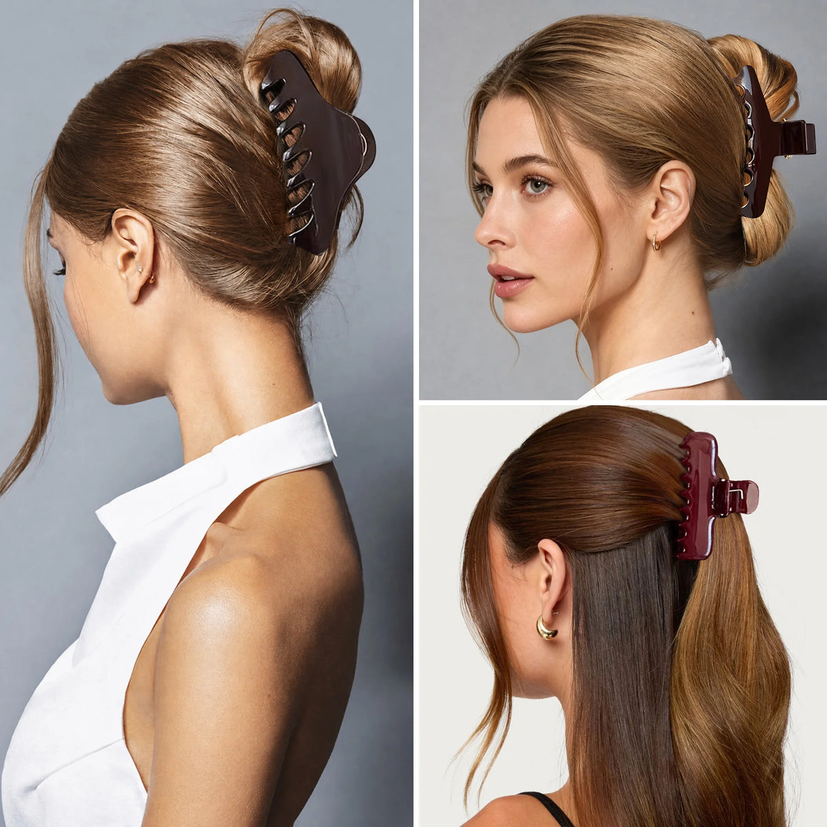 Three model views showing the dark Glamup The Taylor XL jumbo size claw clip styled in secure updos for thick hair with all-day hold.