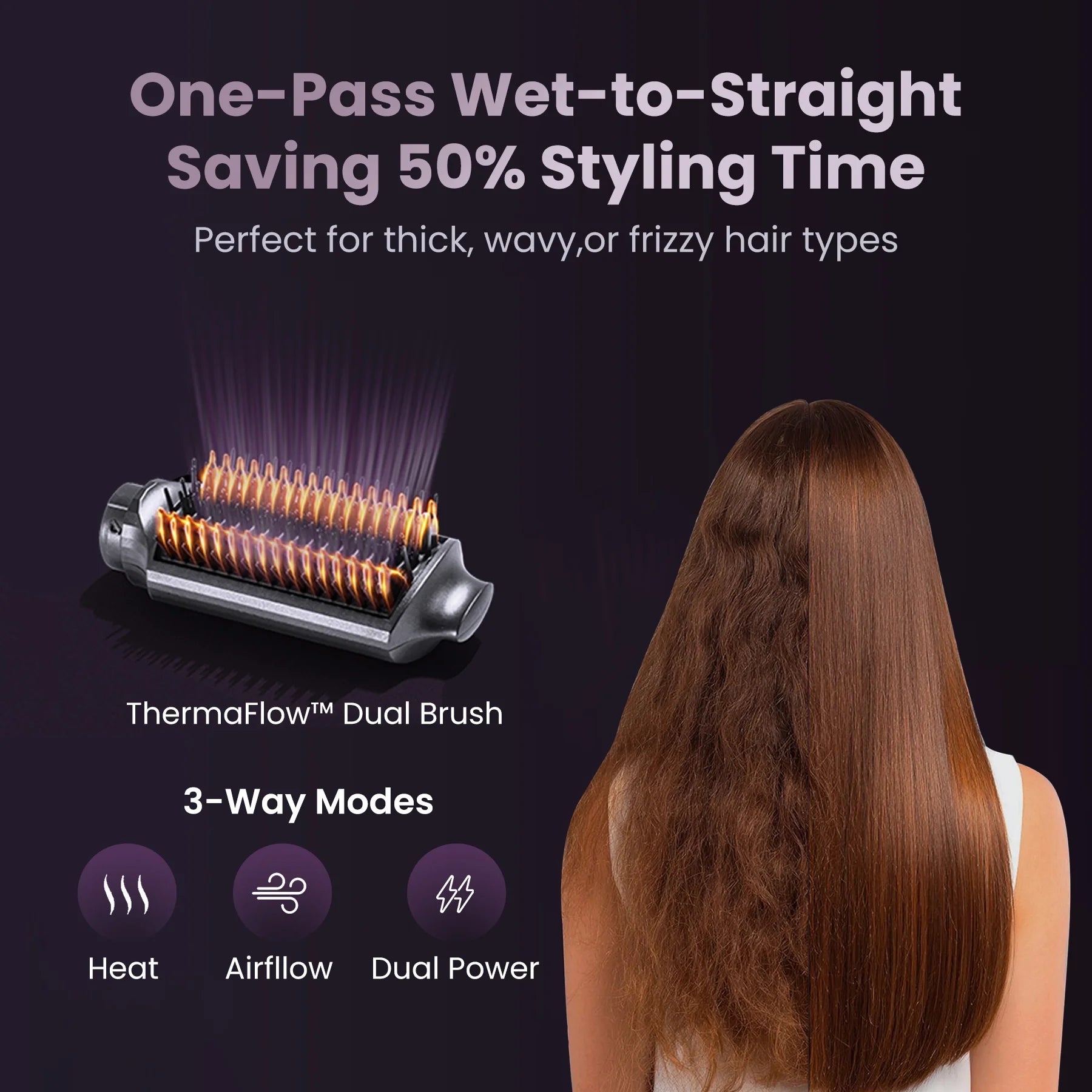 GLAMUP ThermaFlow brush styling thick frizzy hair with one-pass wet-to-straight technology.
