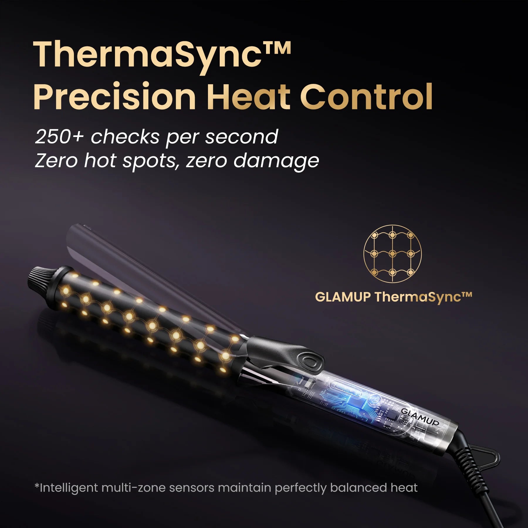 GLAMUP curling iron featuring ThermaSync smart multi-zone sensors to prevent hair heat damage.