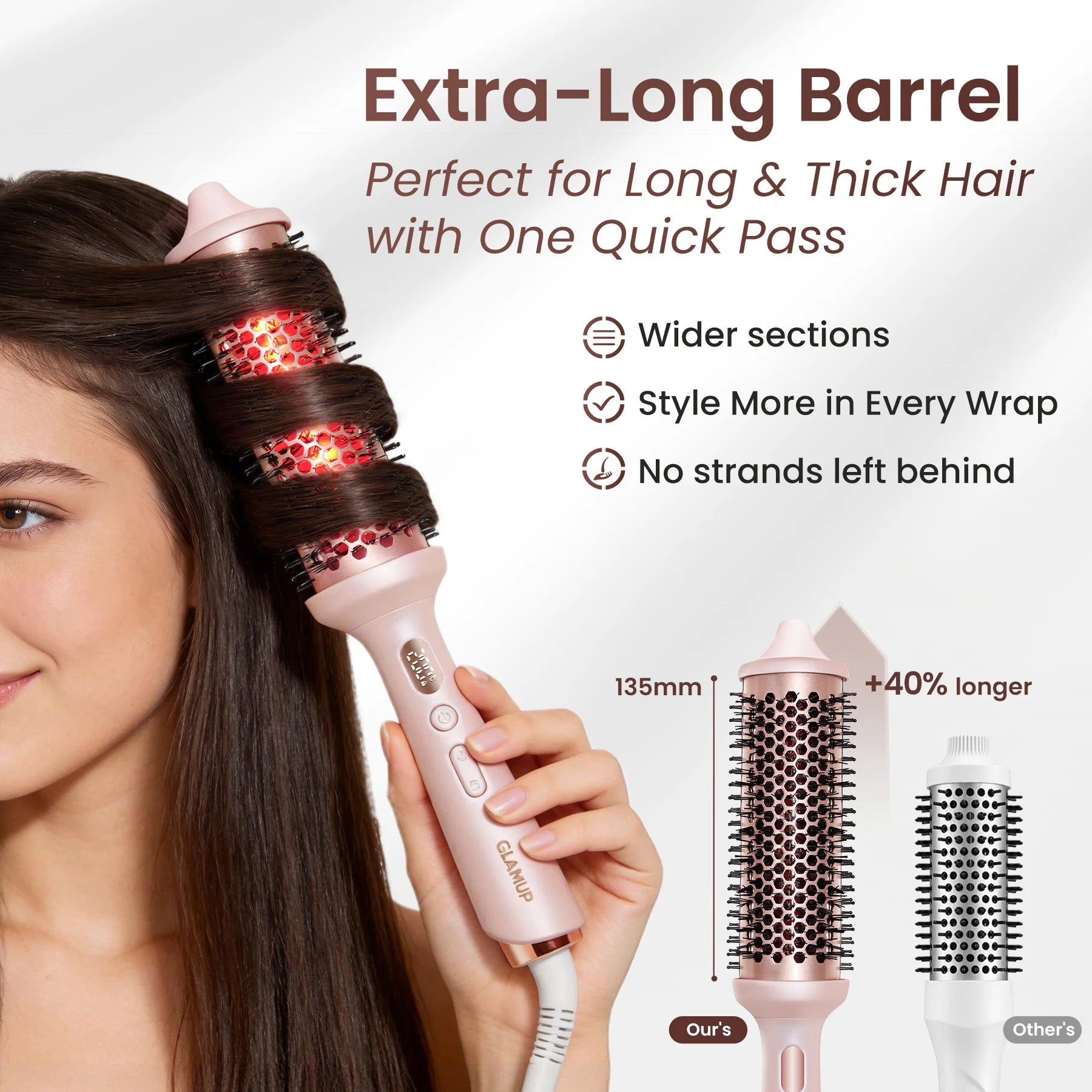 A woman using GLAMUP 135mm extra-long barrel brush, perfect for styling thick hair in one pass.