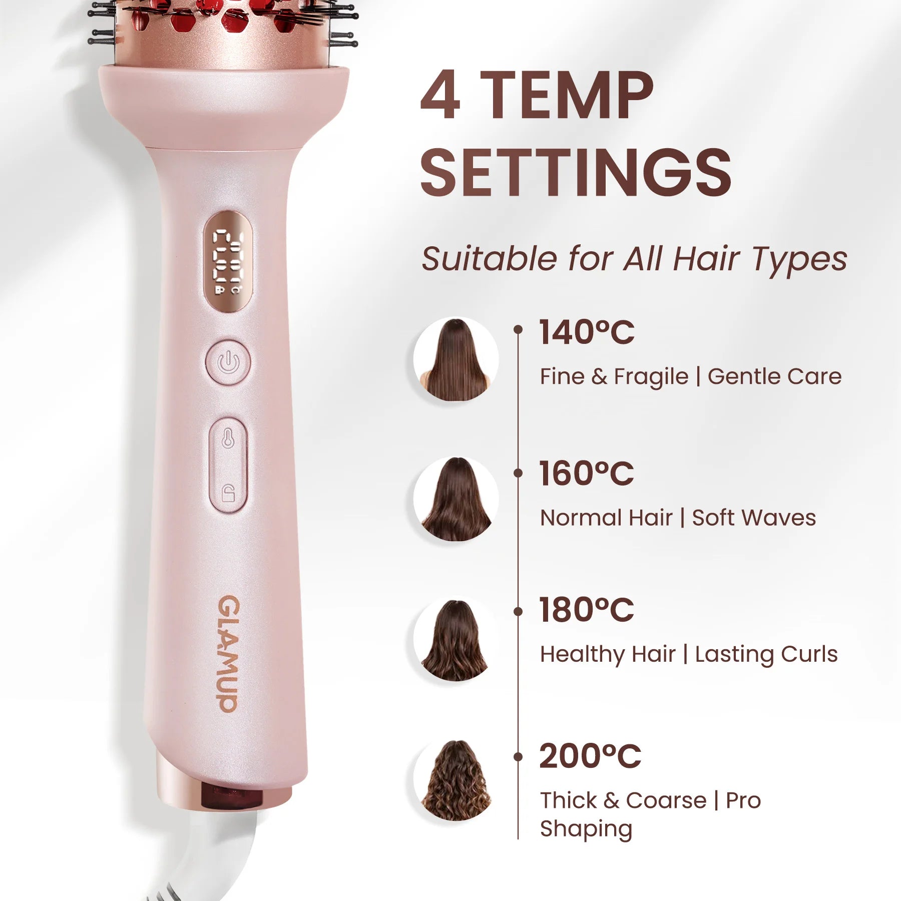 GLAMUP brush featuring 4 temperature settings from 140°C to 200°C suitable for all hair types.