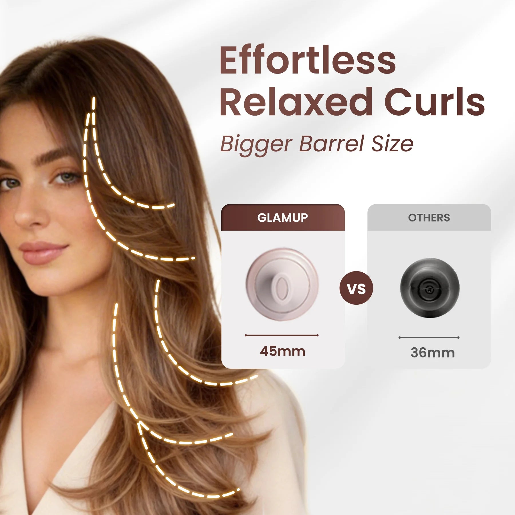Model showing effortless relaxed curls created by GLAMUP 45mm heated styling brush barrel size.