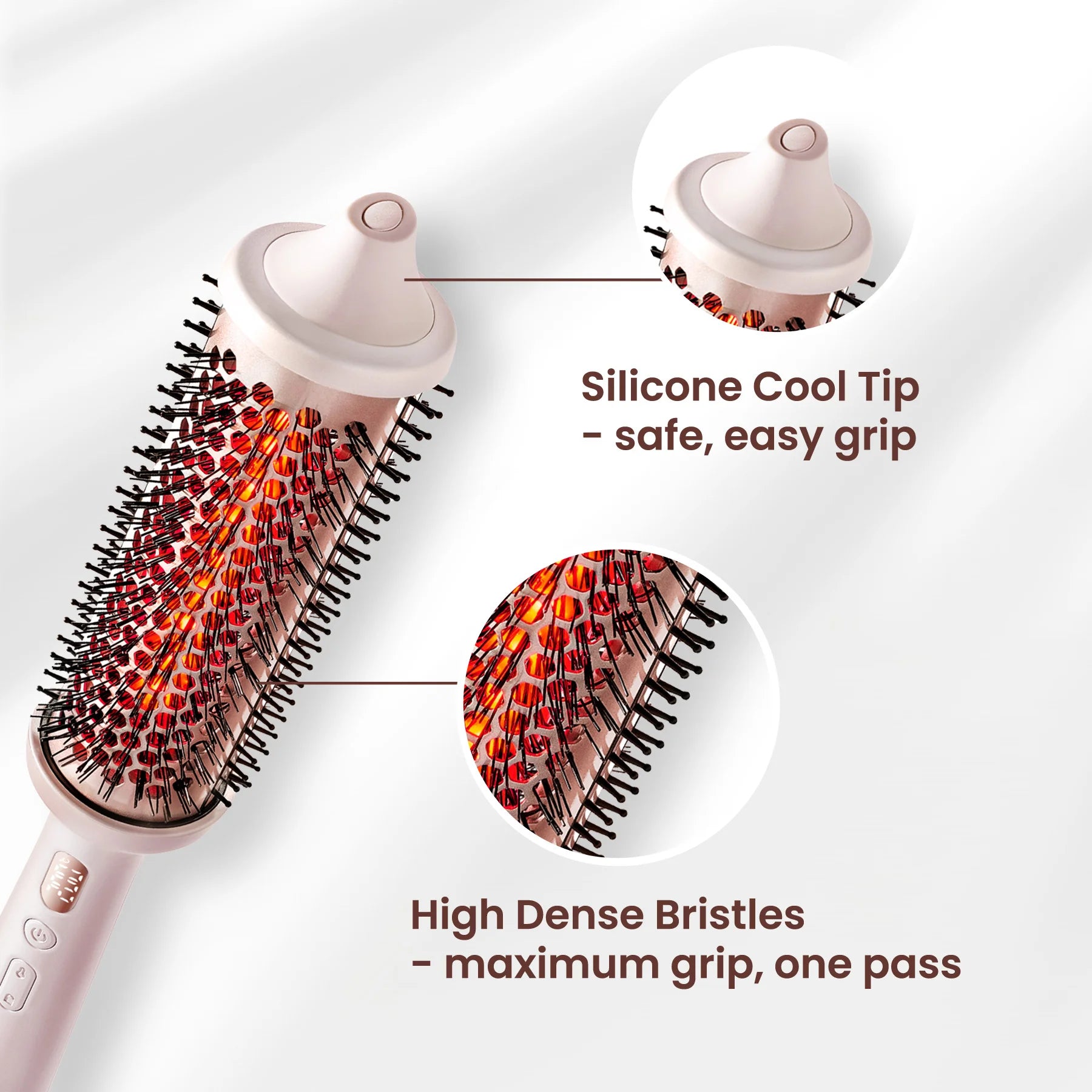 Close up of GLAMUP high dense bristles and safe silicone cool tip for maximum blowout grip