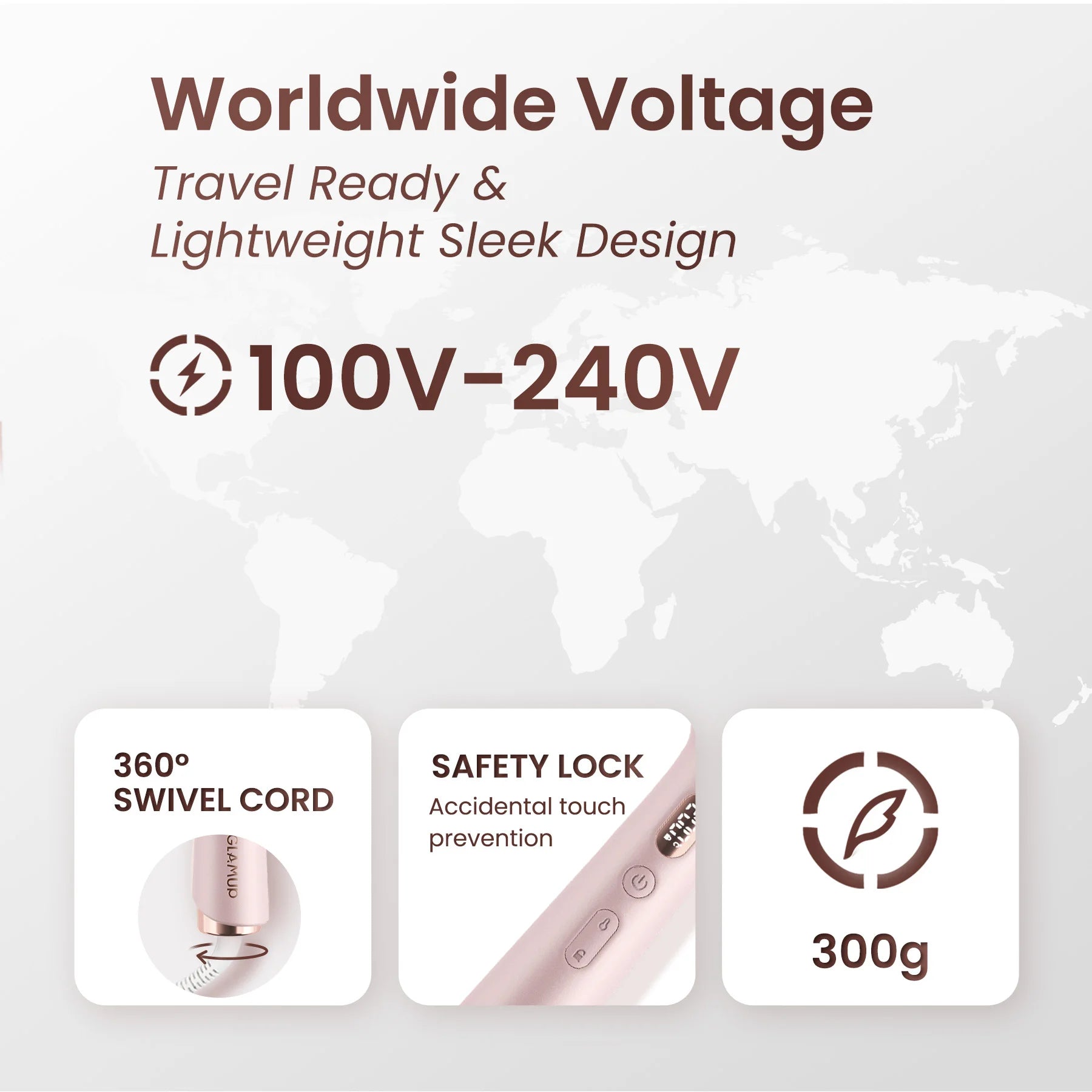 Lightweight 300g GLAMUP travel brush with 100V-240V worldwide dual voltage and swivel cord