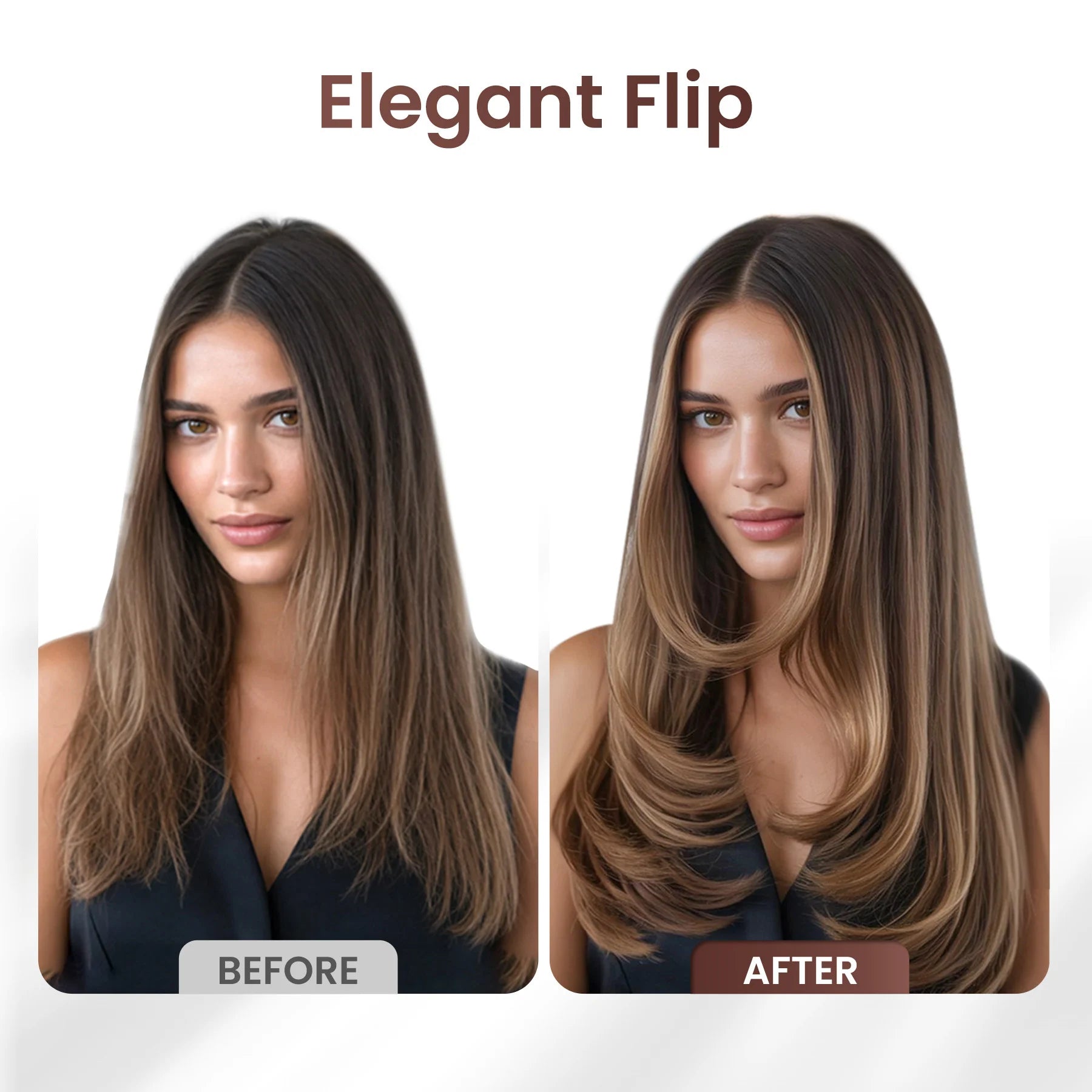 Before and after styling results showing an elegant flip look created by GLAMUP thermal brush.