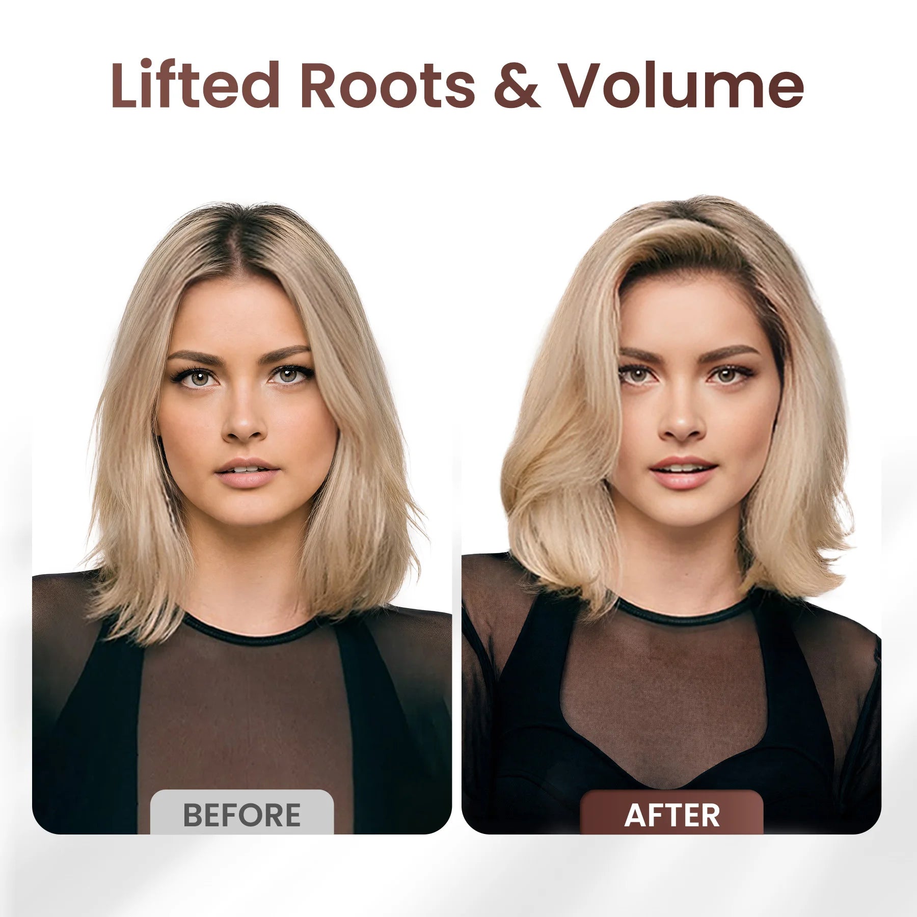 Showing lifted roots and voluminous hair results before and after using GLAMUP styling brush.