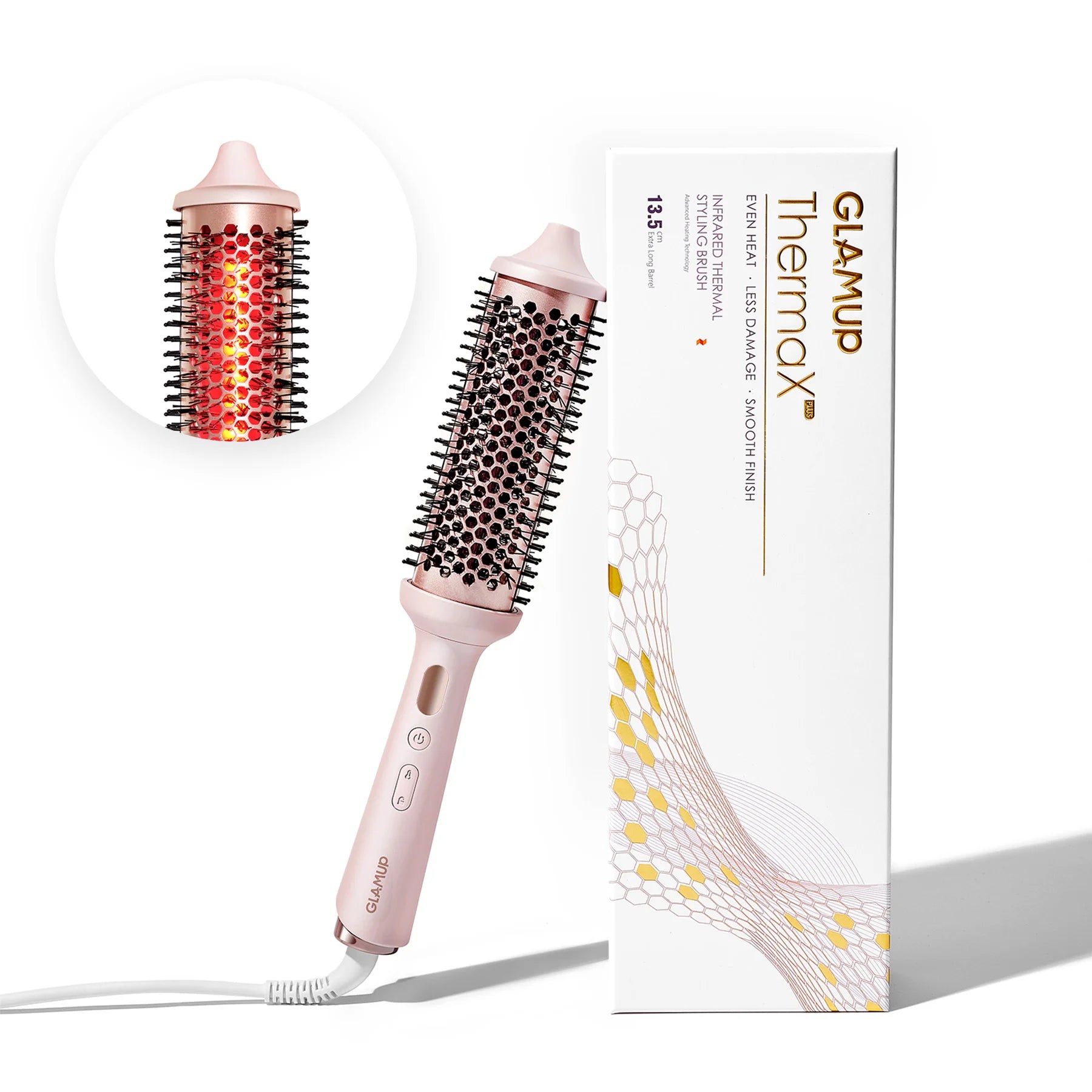 GLAMUP ThermaX Plus infrared styling brush in rose gold with premium gift box packaging.
