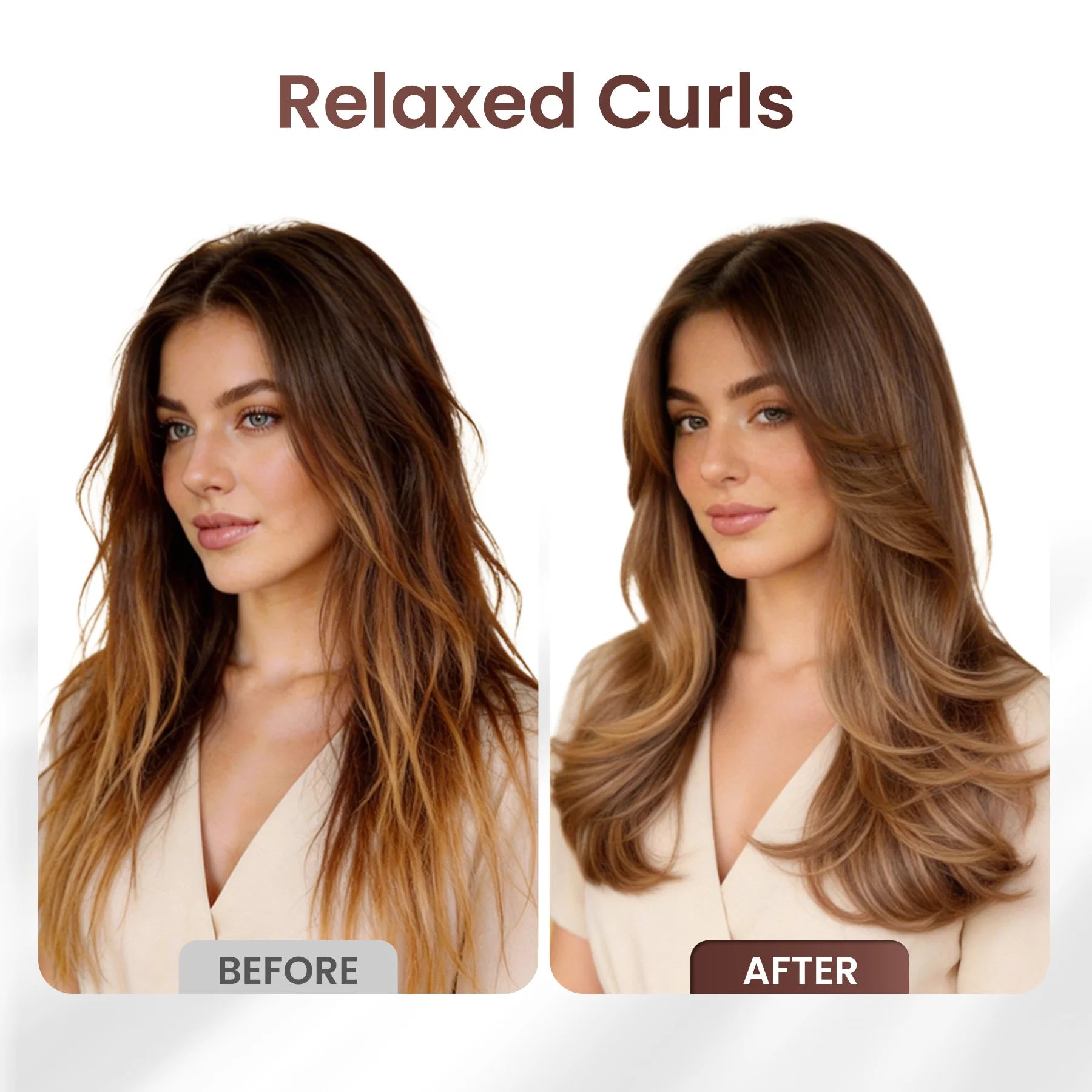 GLAMUP heated brush before and after comparison for effortless relaxed curls on long hair.