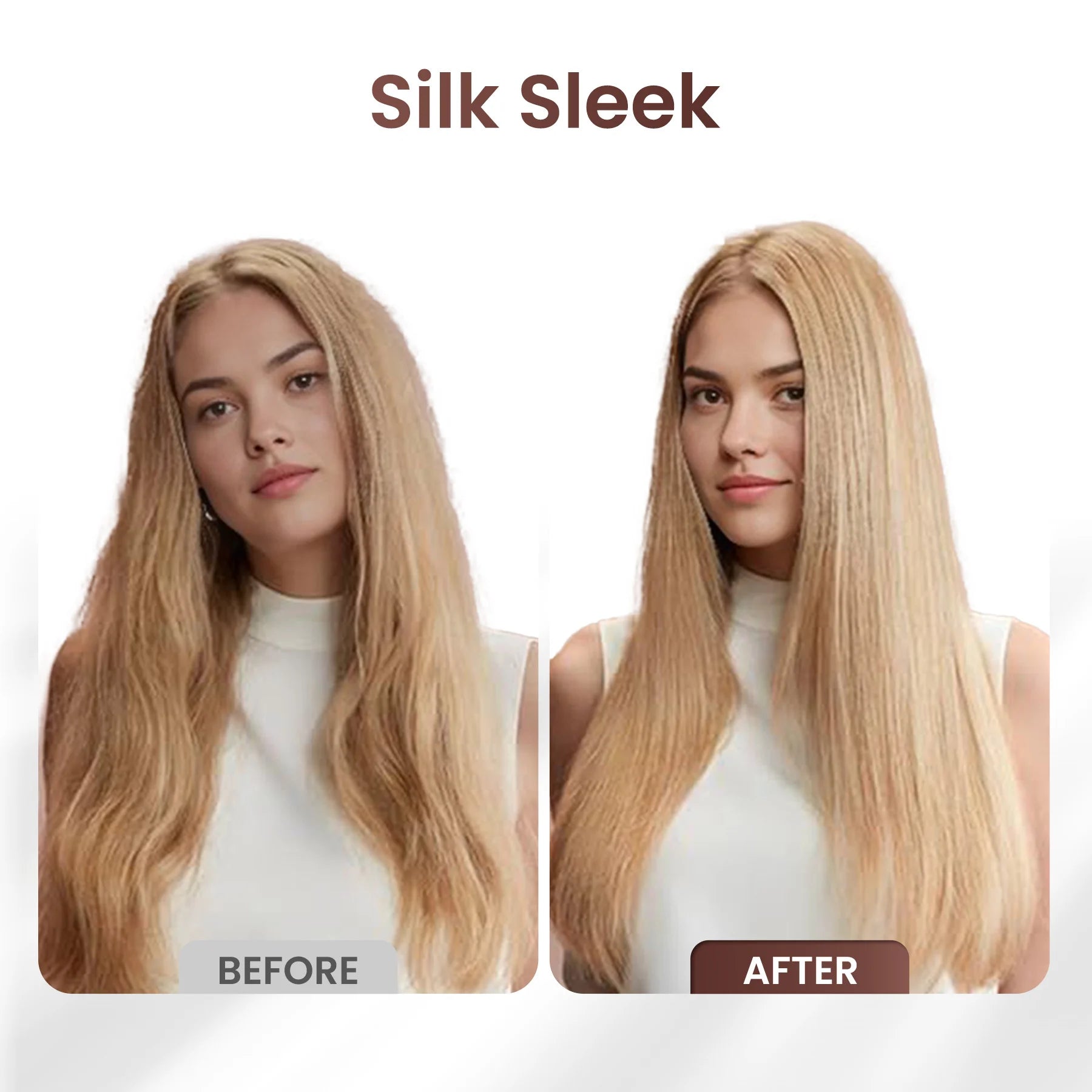 Before and after comparison of GLAMUP styling brush creating a silk sleek frizz-free hairstyle.