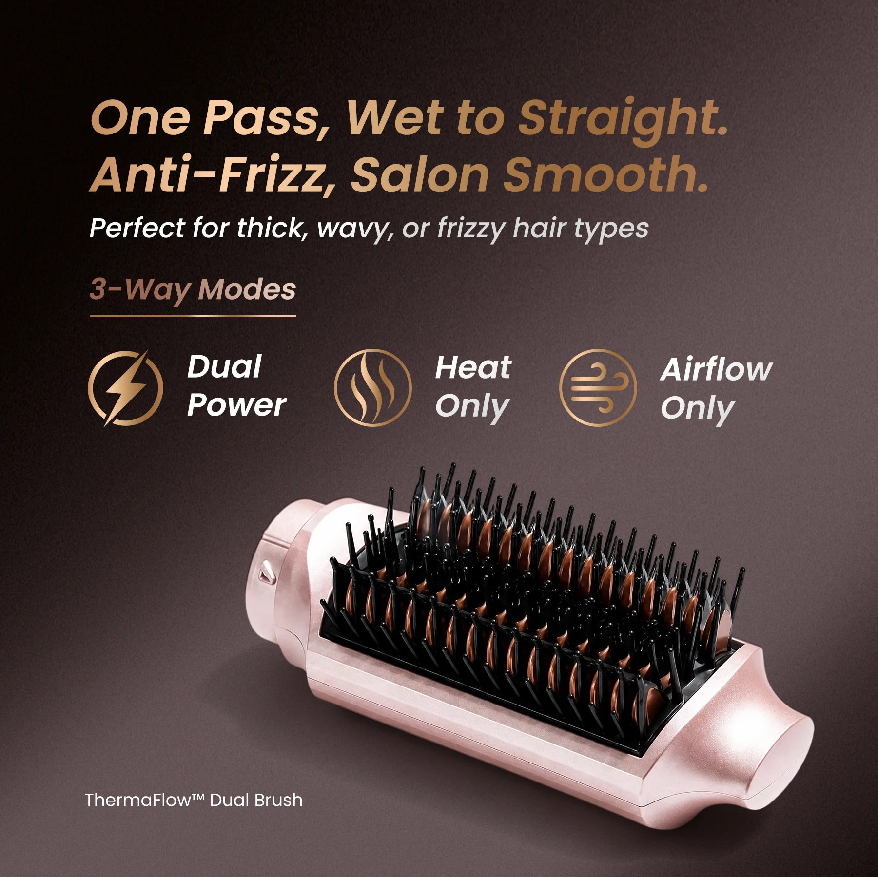 An infographic of the GLAMUP straightening brush featuring ThermoFlow technology and 3-way modes including Dual Power, Heat Only, and Airflow Only for thick, frizzy hair.