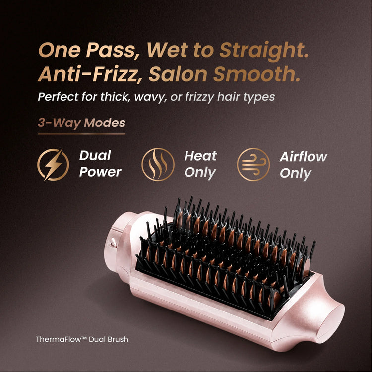 An infographic of the GLAMUP straightening brush featuring ThermoFlow technology and 3-way modes including Dual Power, Heat Only, and Airflow Only for thick, frizzy hair.