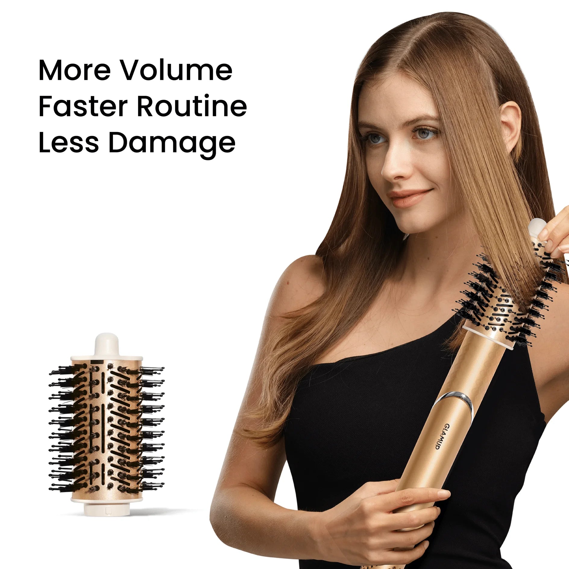 Achieving more volume and less damage with GLAMUP round brush during a faster hair routine.