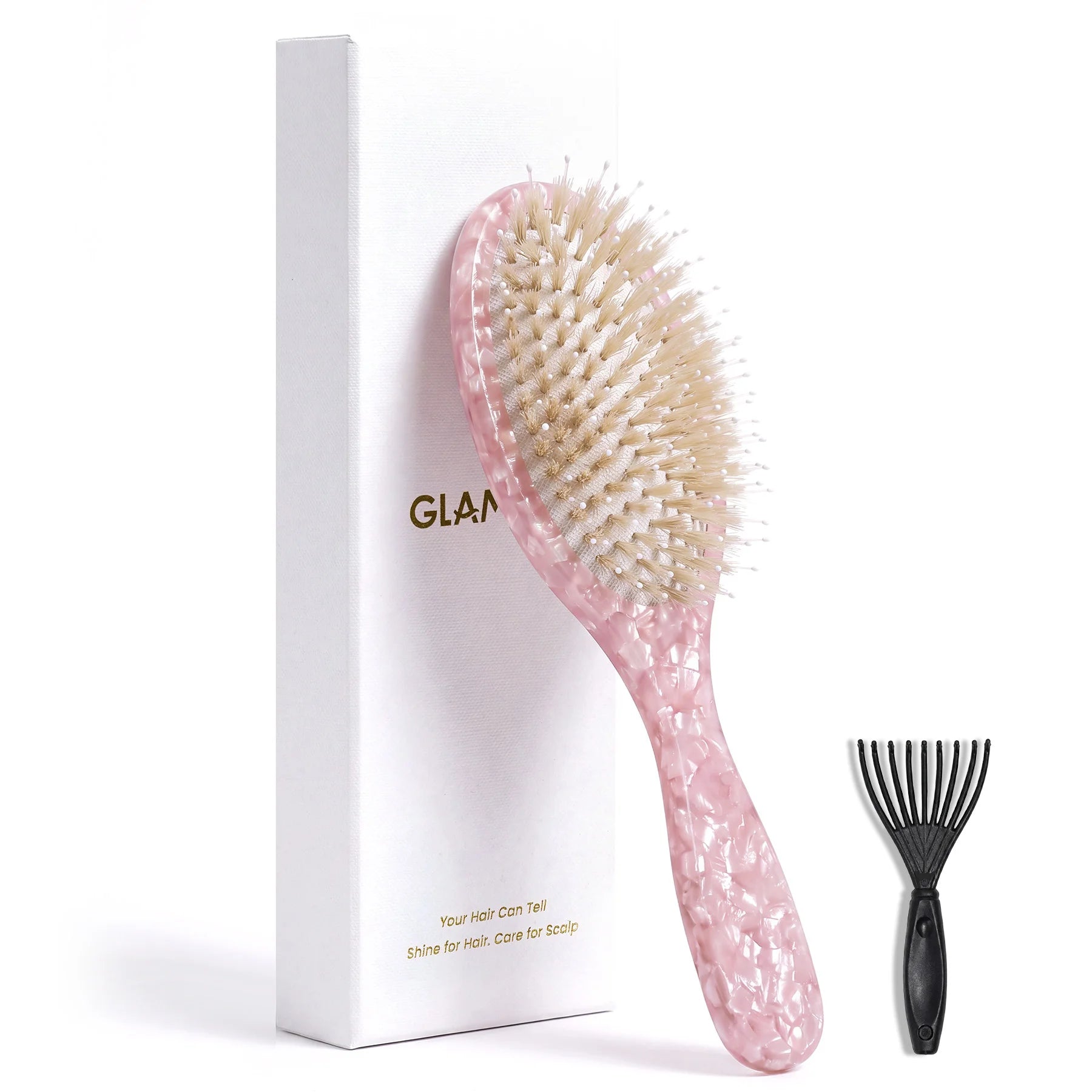 Glamup premium hair brush set  in pink featuring a hand-polished white marble acetate handle, natural boar bristles, and nylon pins. Includes an elegant gift box and cleaning tool.