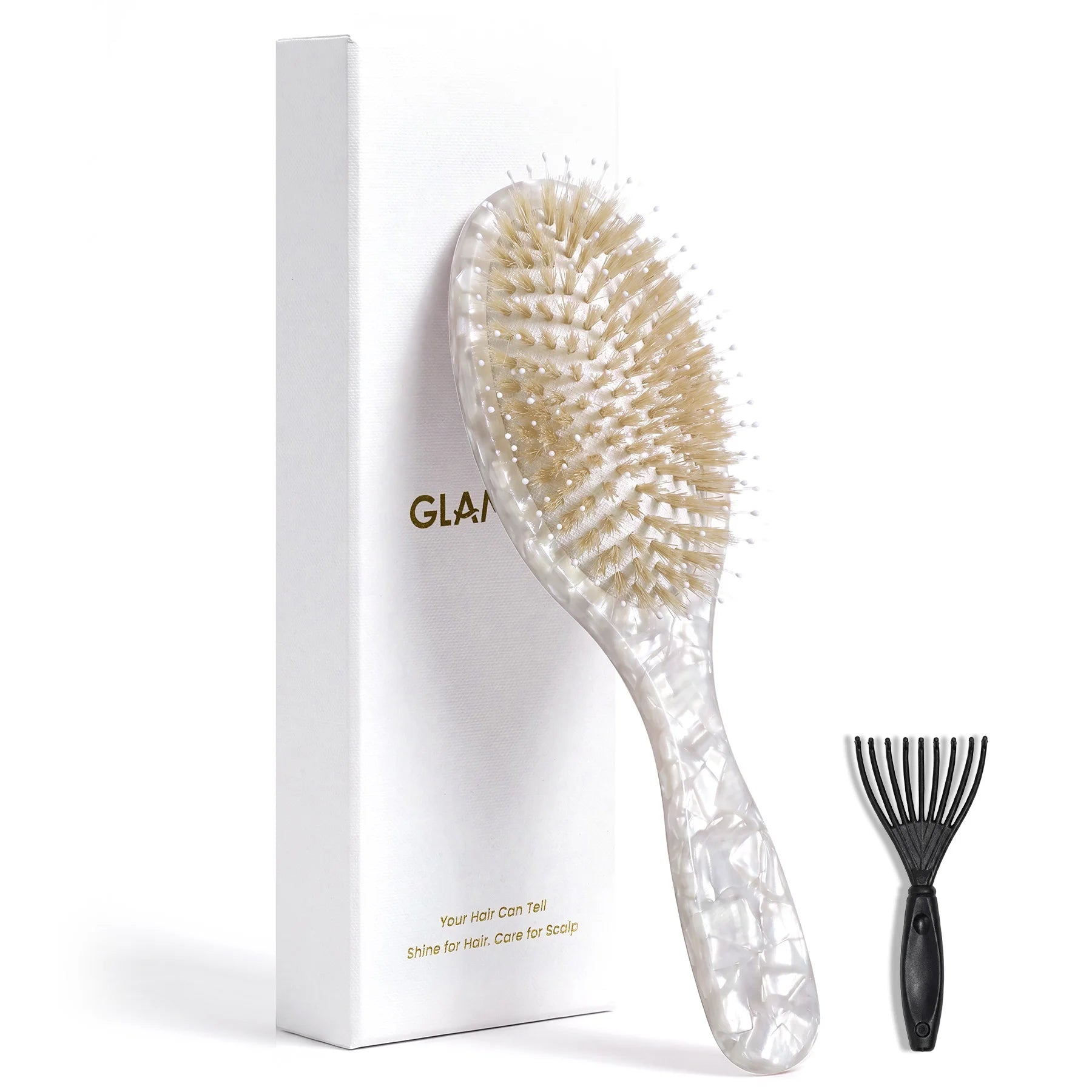Glamup premium hair brush set featuring a hand-polished white marble acetate handle, natural boar bristles, and nylon pins. Includes an elegant gift box and cleaning tool.