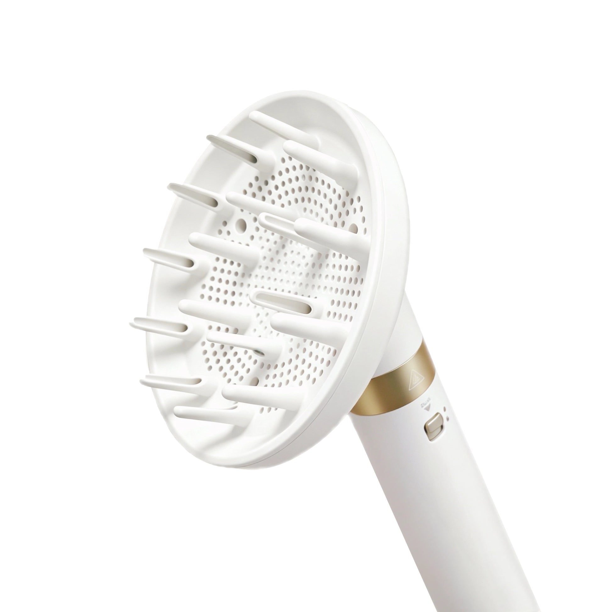 White handheld hair diffuser with gold accent on a white background