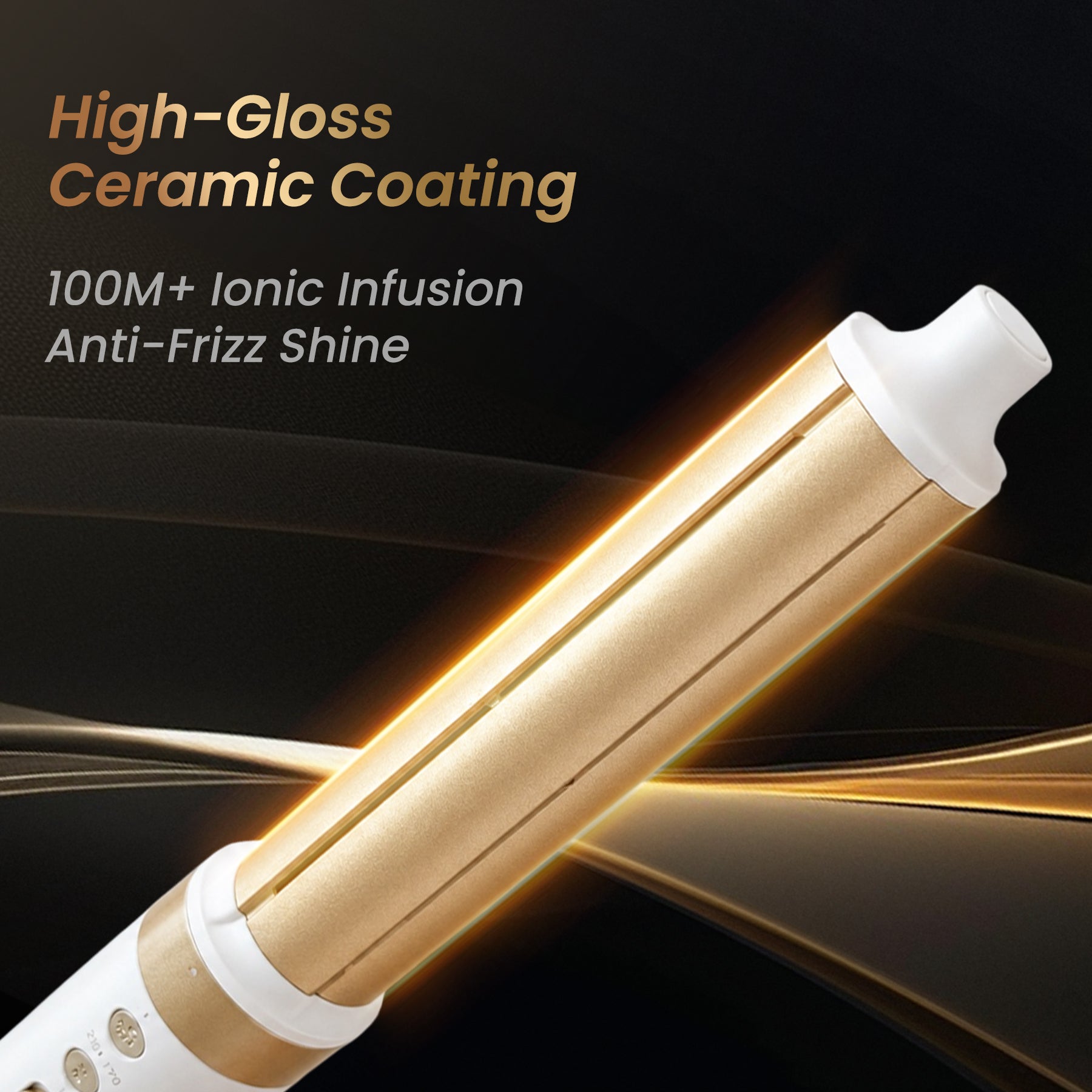 A sleek close-up of the GLAMUP styling barrel showcasing its high-gloss ceramic coating and 100M plus ionic infusion technology for anti-frizz shine