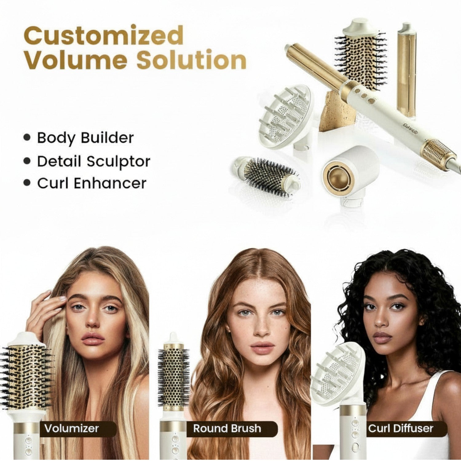 GLAMUP hair styling tools offering customized volume solutions for different hair types, demonstrated by models using various attachments.