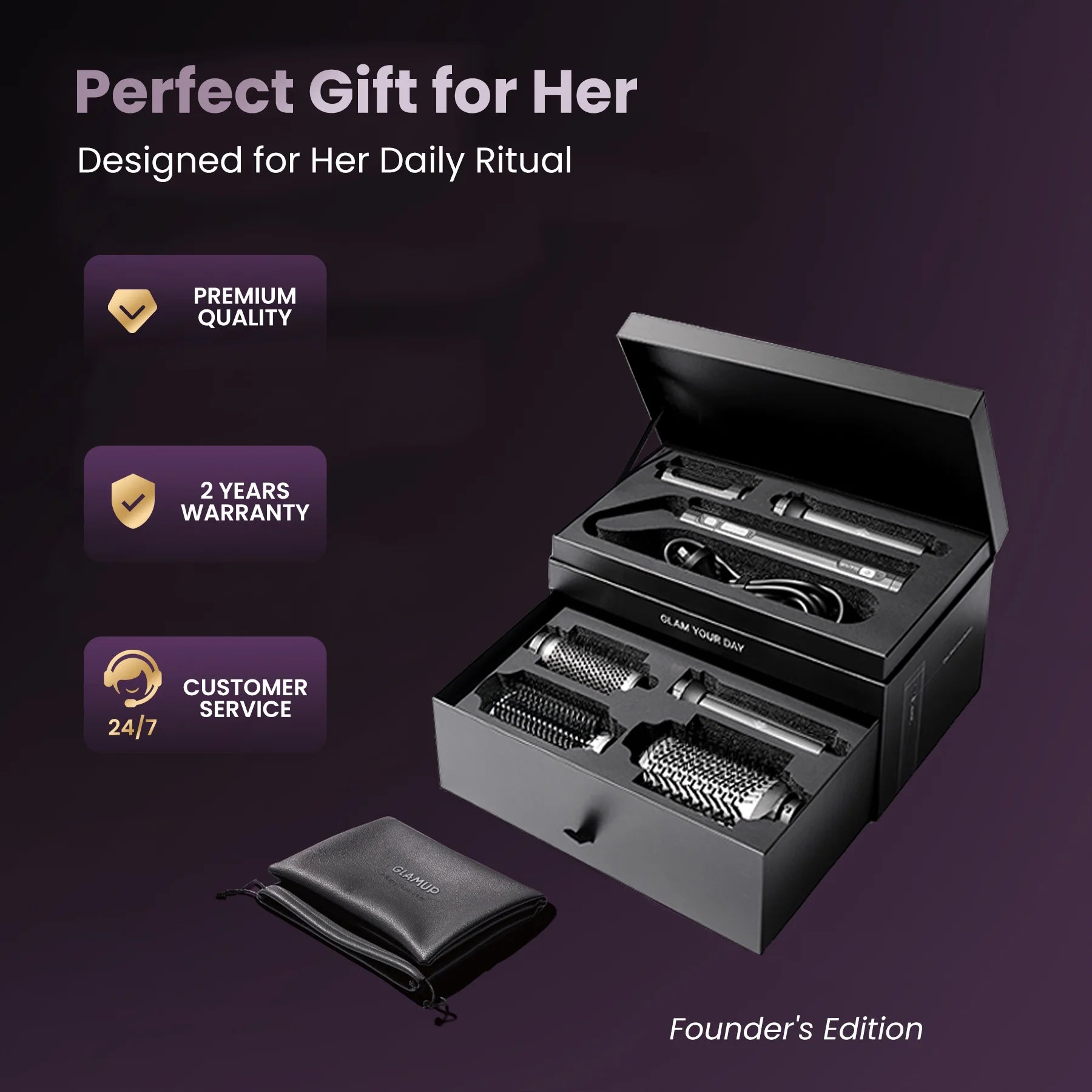 GLAMUP FusionPro luxury gift box with premium quality, a 2 years warranty, and 24/7 customer service trust badges.