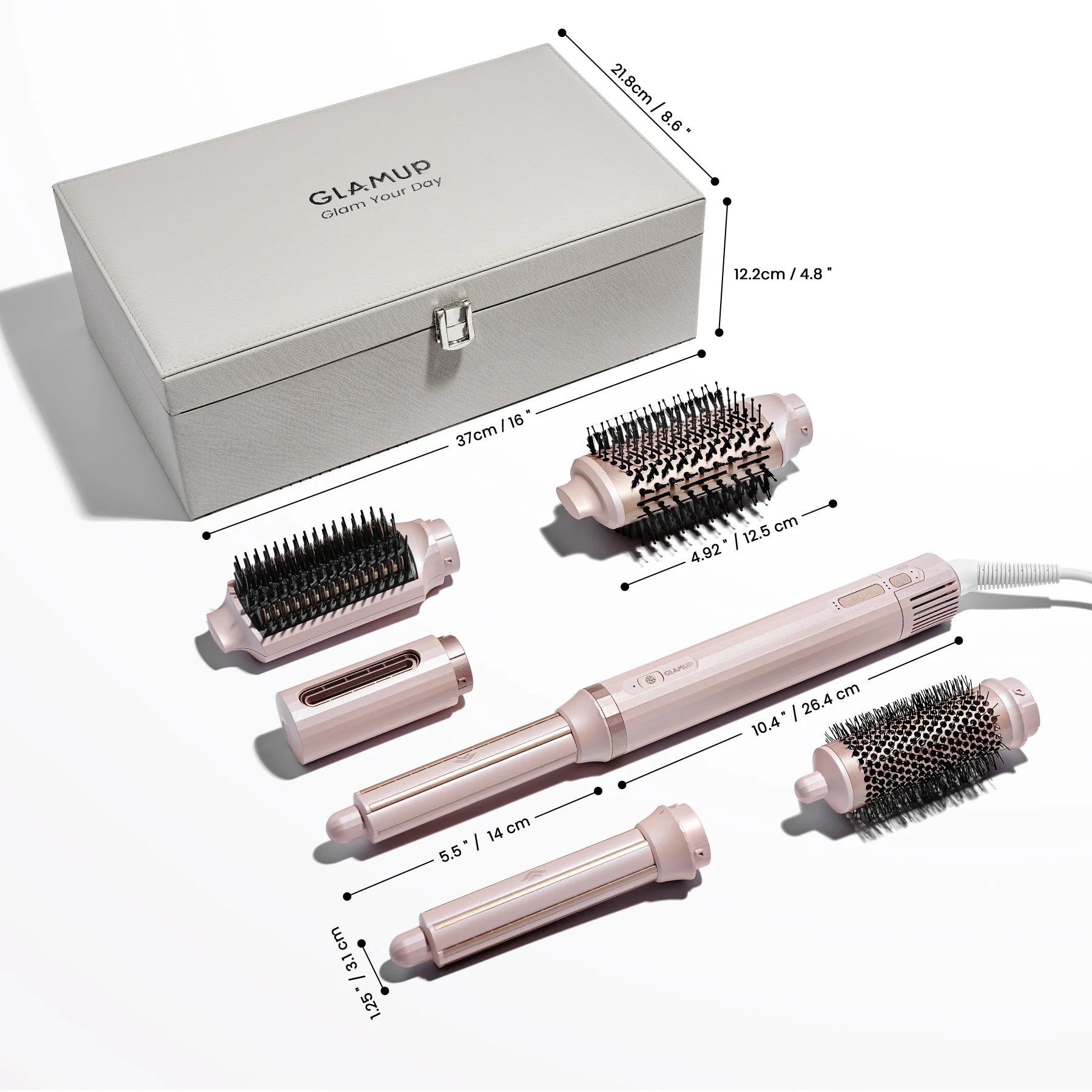 A line drawing dimension guide showing the exact sizes and measurements of the premium white and gold GLAMUP FusionPro storage gift box and its contents