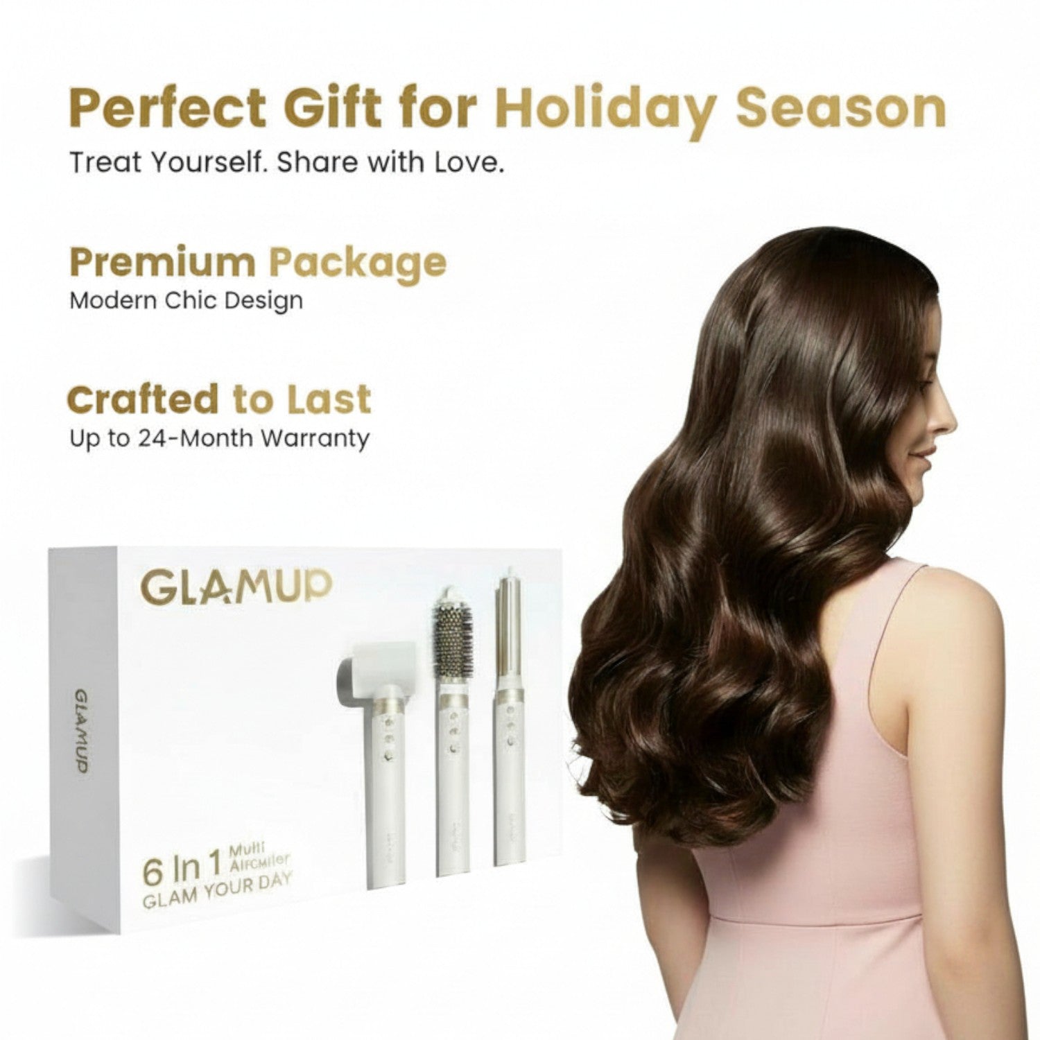 An elegant retail marketing banner showing a premium GLAMUP 6-in-1 multi-styler white gift box next to a woman with gorgeous, shiny, thick wavy hair for holiday gifting ideas
