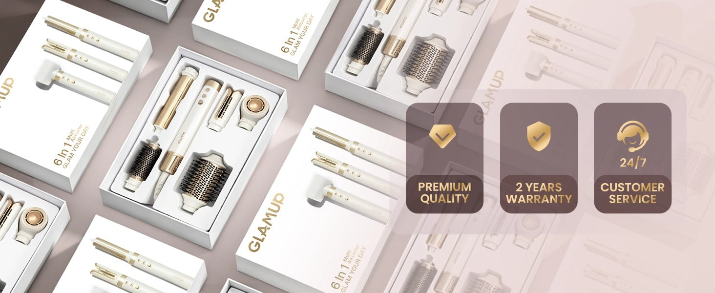 An overhead view of premium white and gold GLAMUP multi-styler retail boxes with icons for premium quality, 2-year warranty, and 24/7 customer service