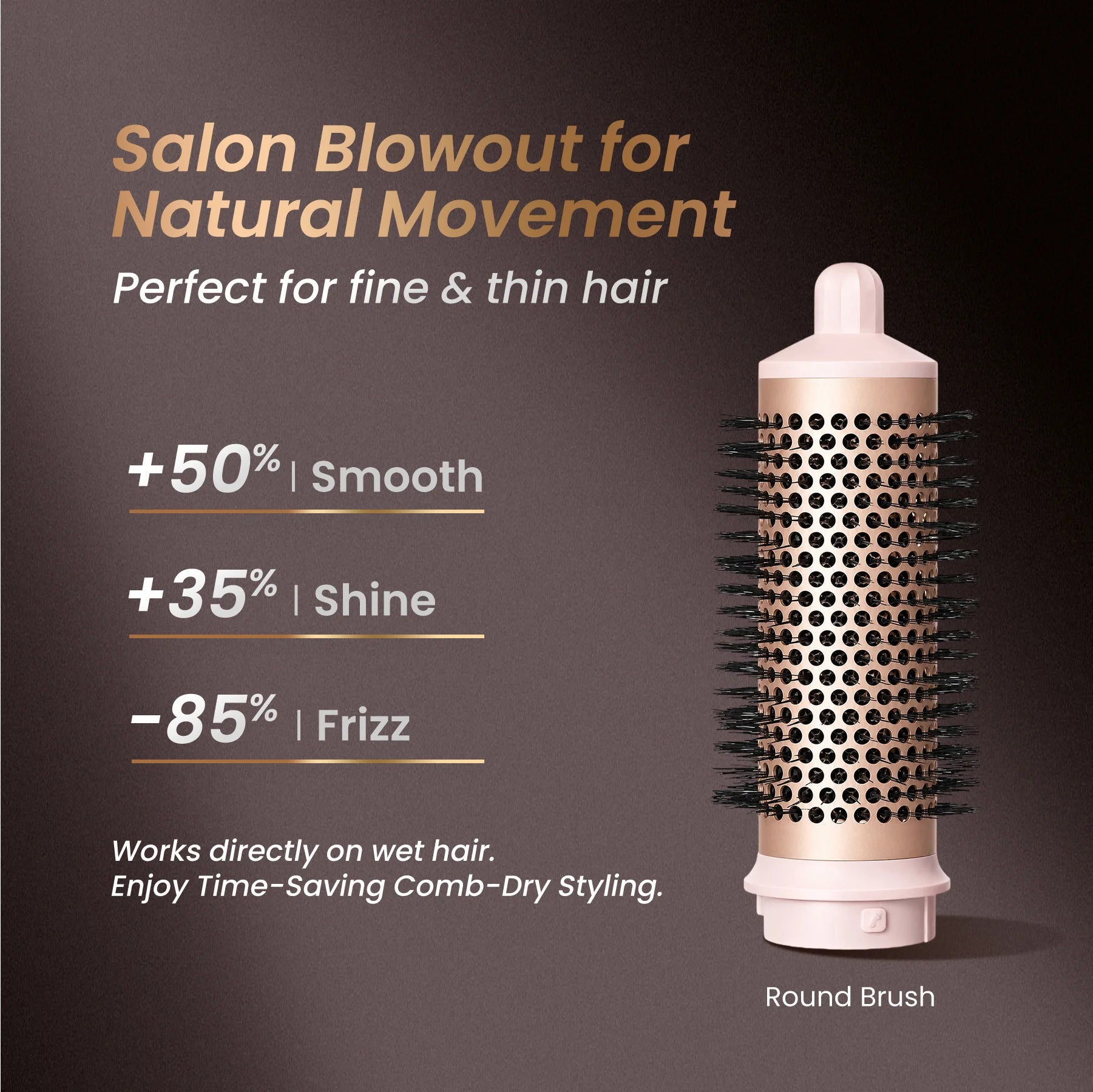 A product feature chart of the GLAMUP round brush for fine and thin hair, demonstrating a professional salon blowout with 50% more smoothness and 85% less frizz