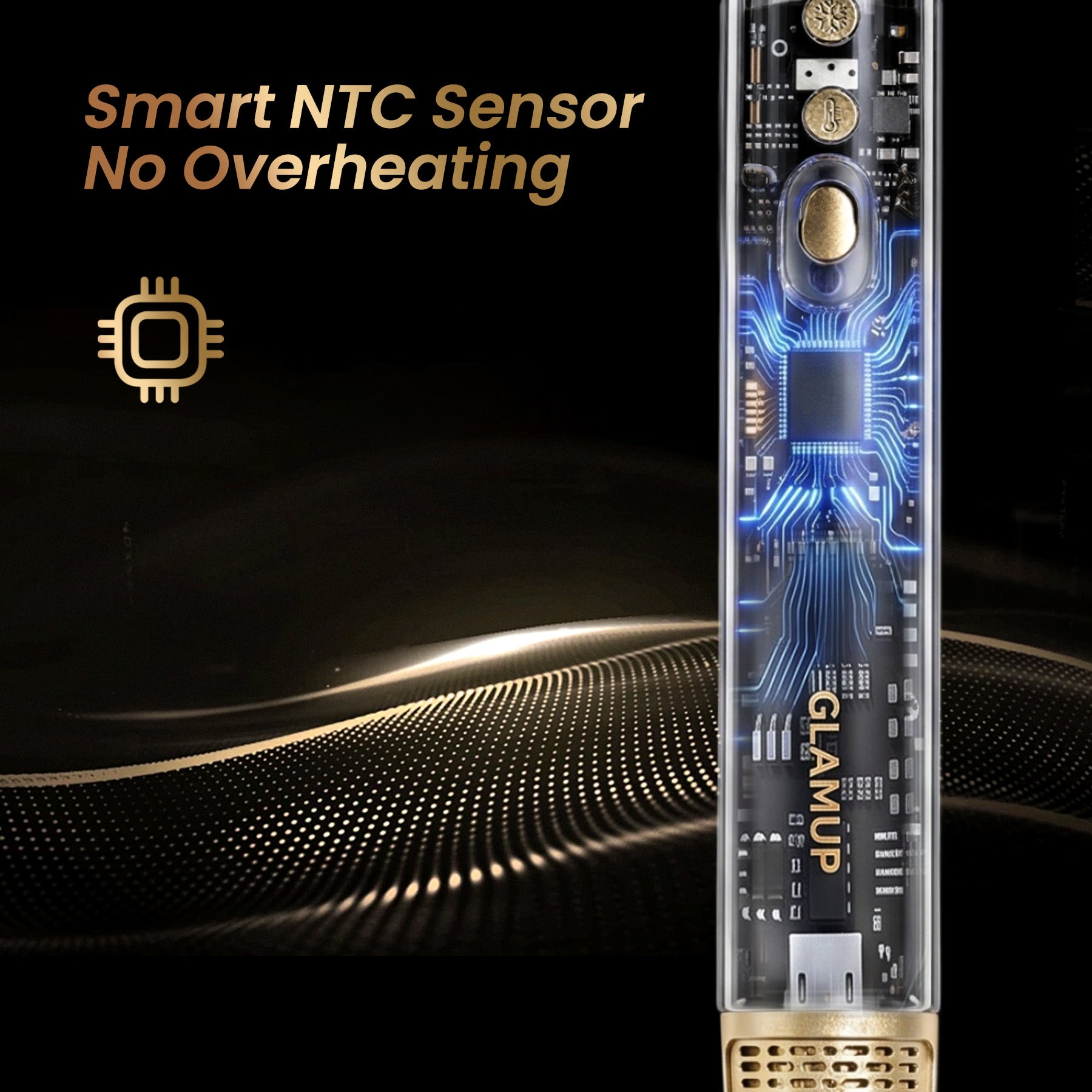 A micro-rendering close-up of the transparent GLAMUP handle casing, exposing the smart NTC sensor microchip and internal circuit board engineered to prevent overheating.
