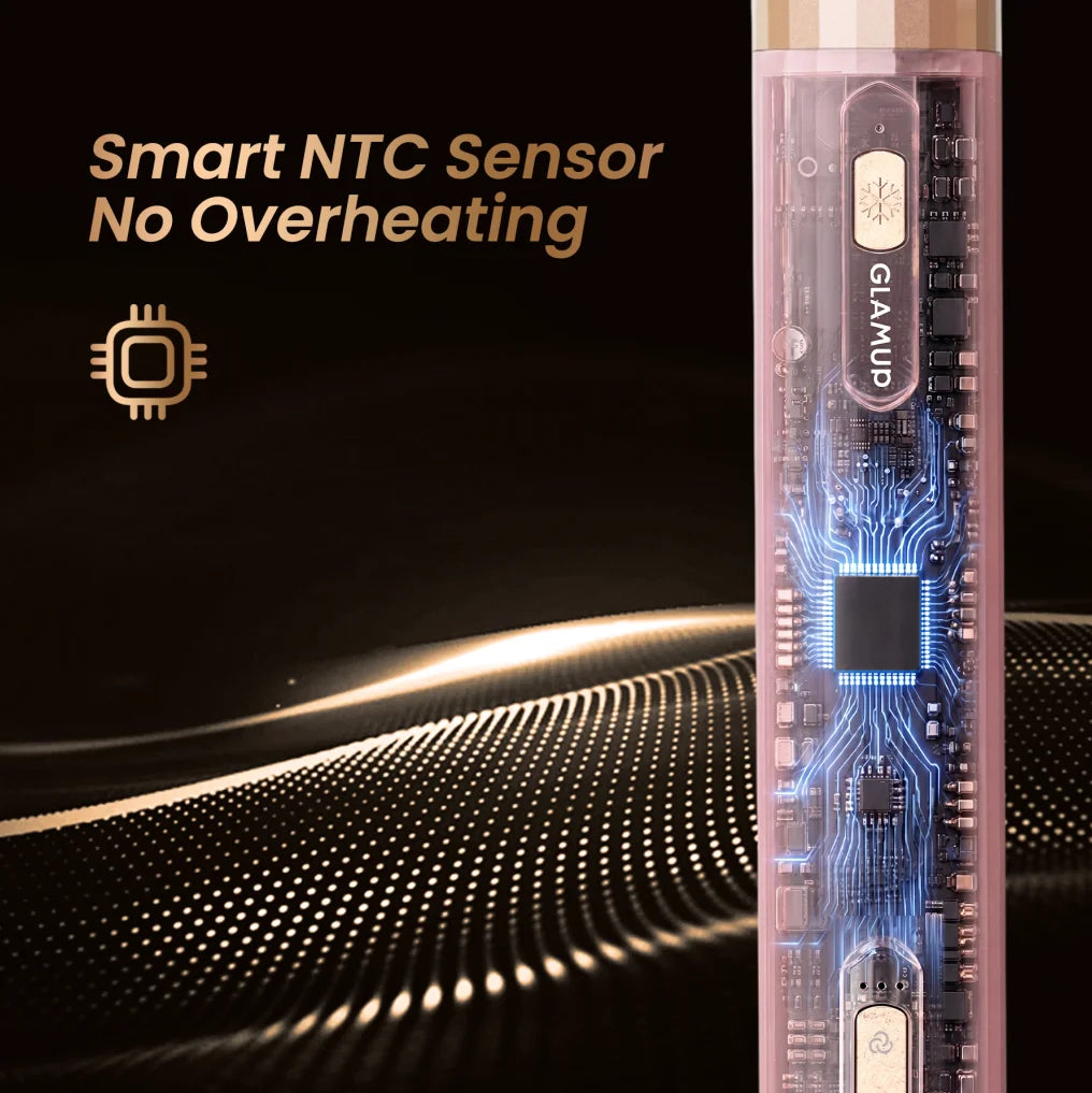 A micro-rendering of the transparent pink GLAMUP FusionPro handle, exposing the smart NTC sensor microchip engineered to regulate temperature and prevent overheating.