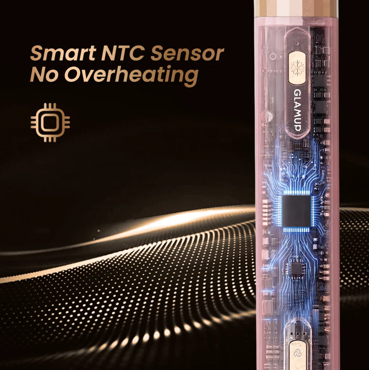 A micro-rendering of the transparent pink GLAMUP FusionPro handle, exposing the smart NTC sensor microchip engineered to regulate temperature and prevent overheating.