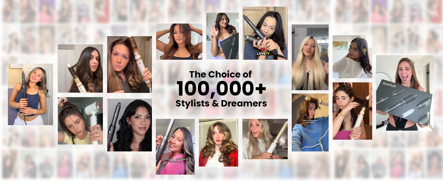 A grid photo collage of social proof showing over 100,000 real consumers and stylists using GLAMUP hair tools to achieve diverse professional hairstyles.