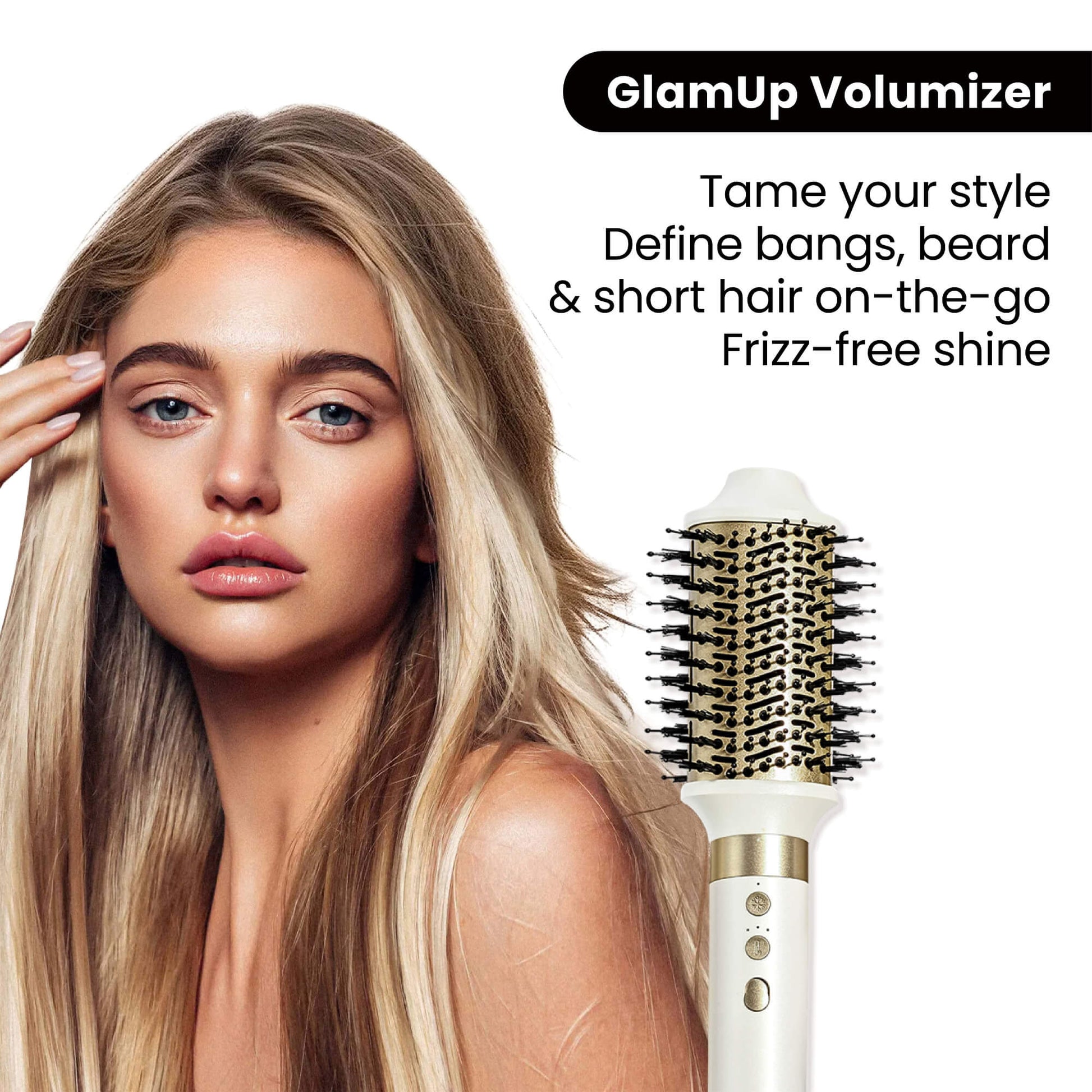 Woman with blonde hair next to a GLAMUP Volumizer hair product on a white background