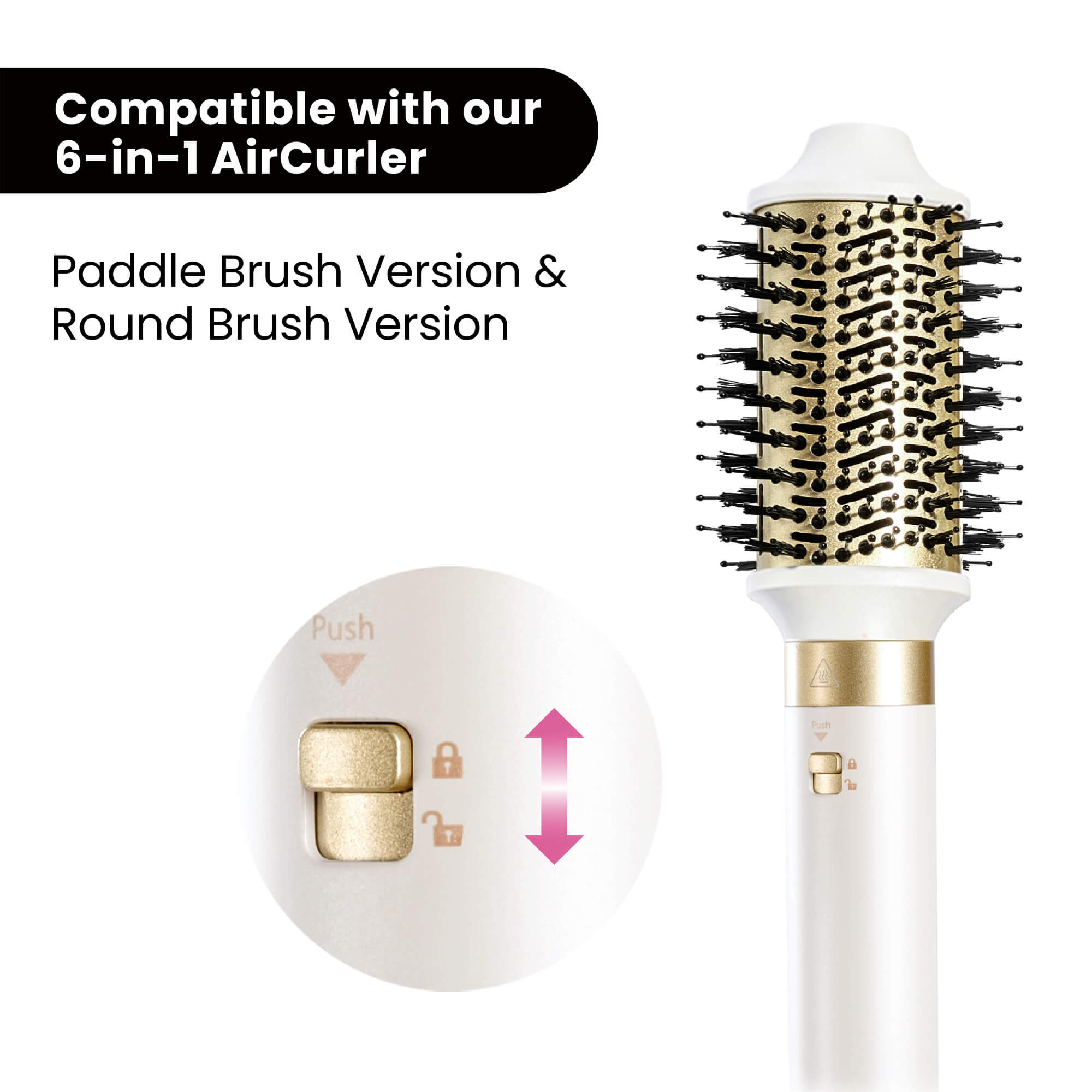 Hairbrush with paddle and round brush versions on a white background